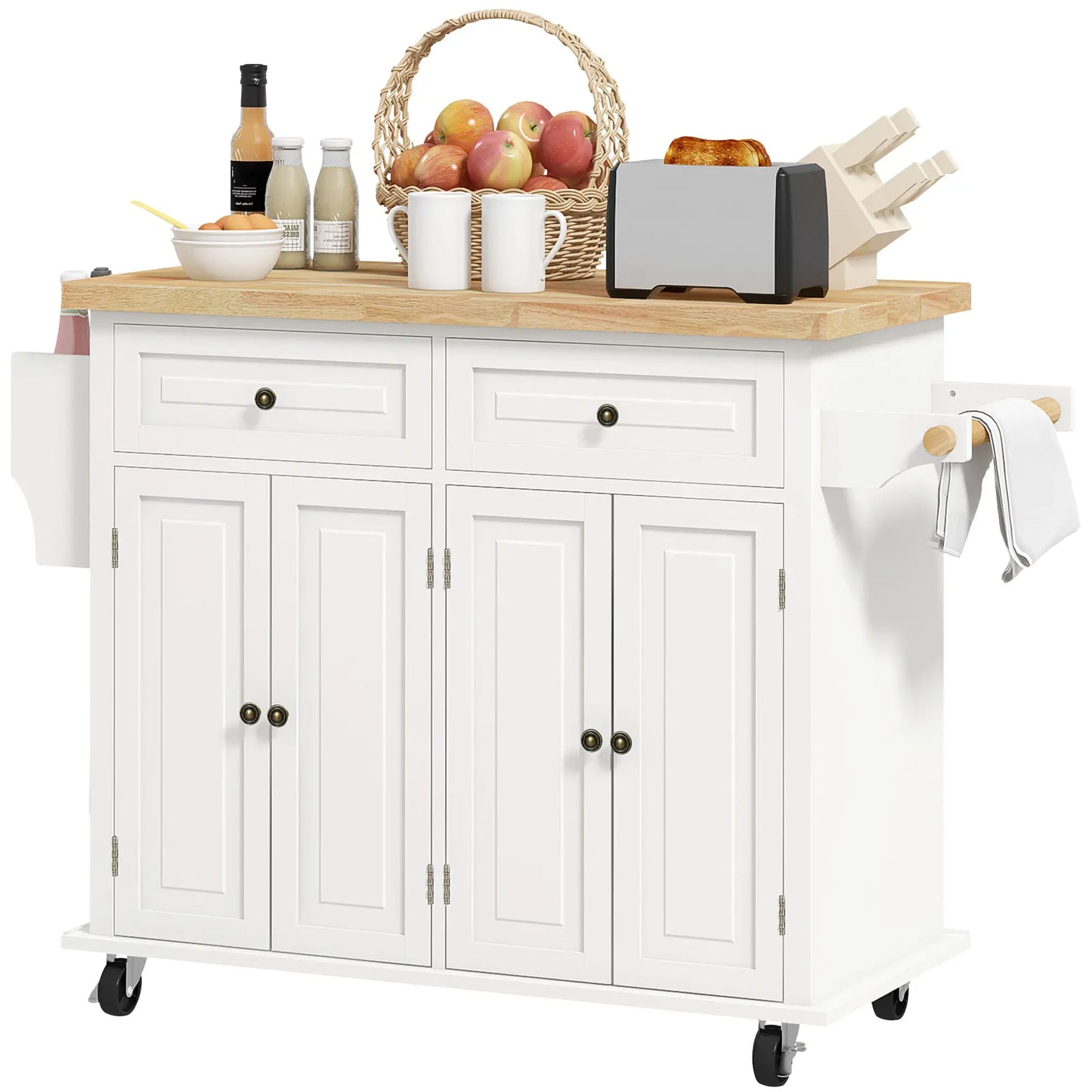Kitchen Island Storage Rolling Trolley with Rubber Wood Top & Drawers in Cream White