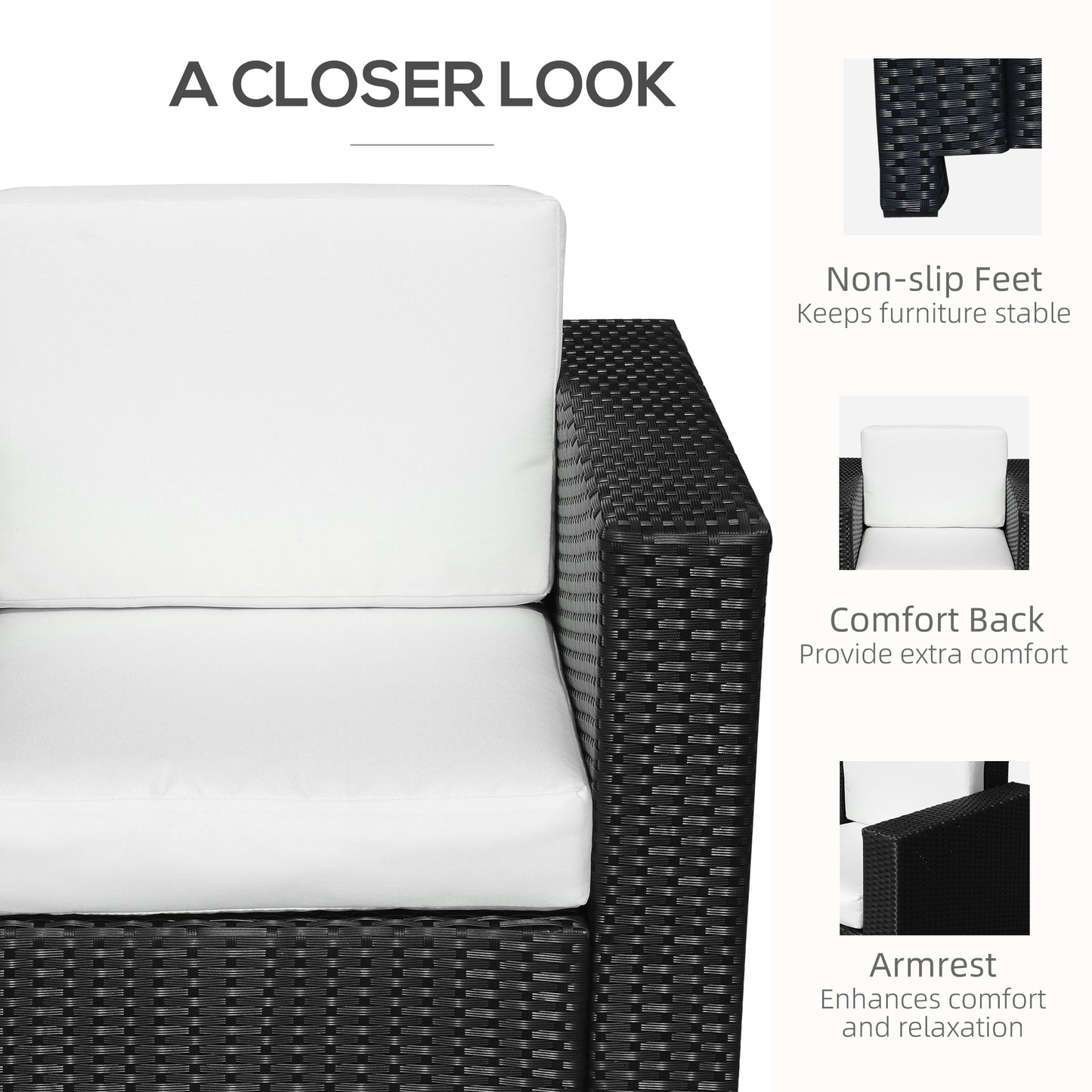 Single Seater Rattan Chair Sofa with 10 cm Thick Padded Cushion - Black