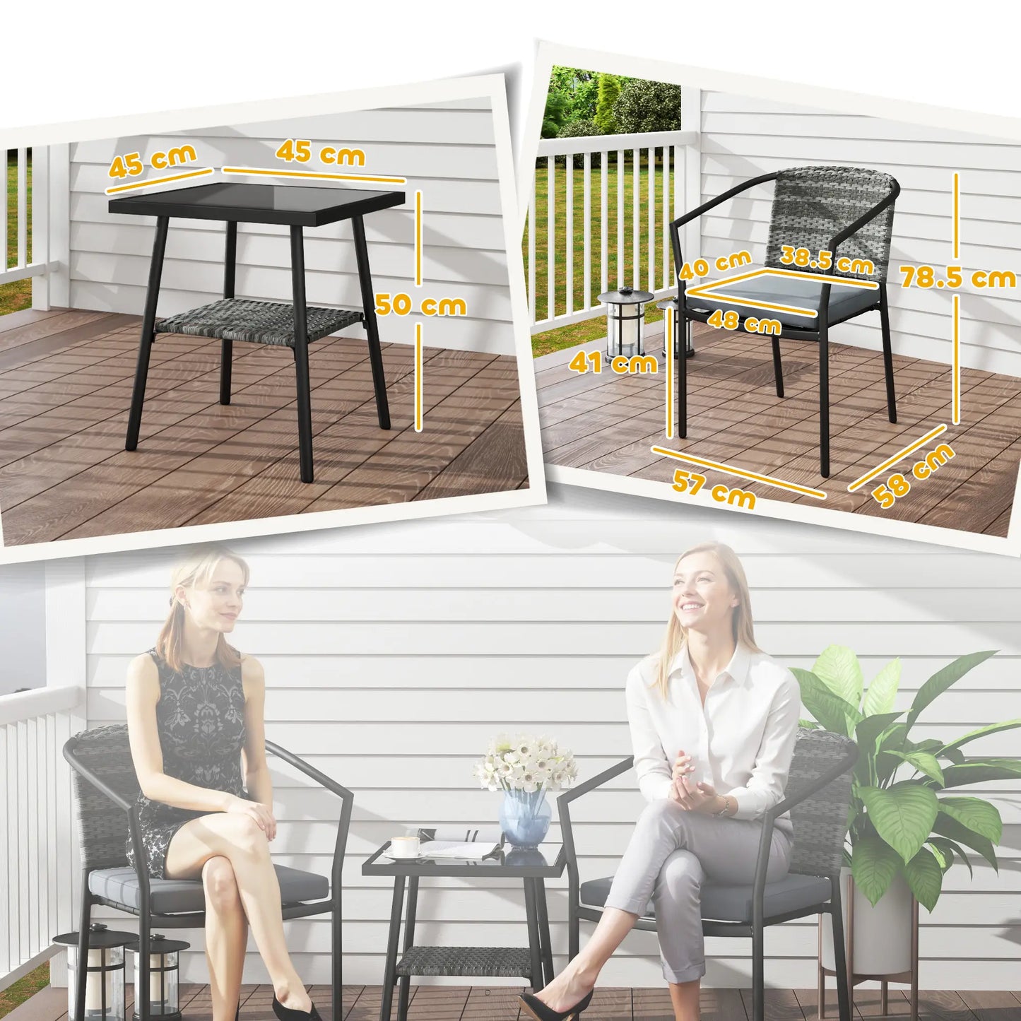 3 Pieces Rattan Bistro Set with Cushions -  Glass Top Coffee Table (in Grey)
