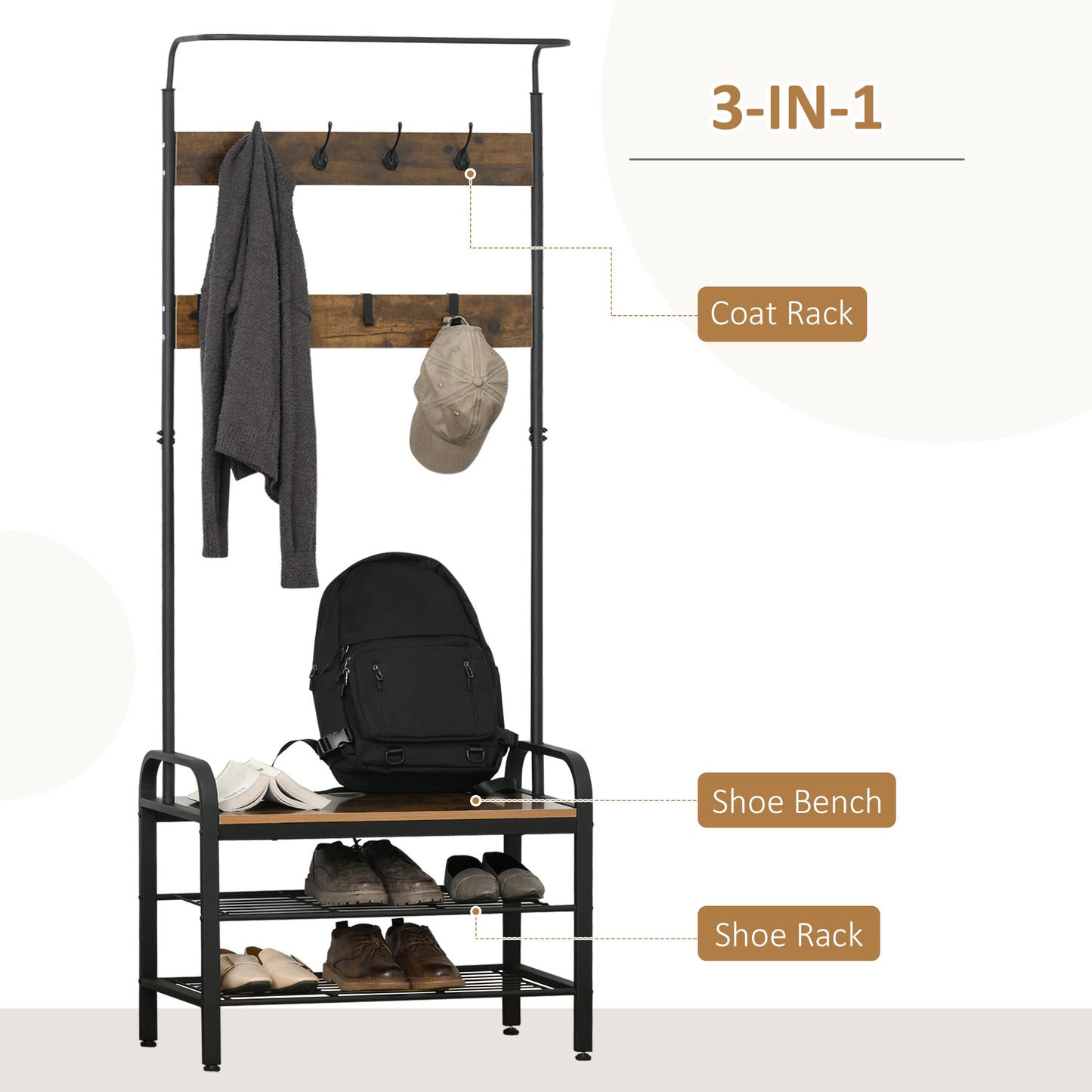 Coat and Shoe Rack Stand Industrial with Removable Hooks