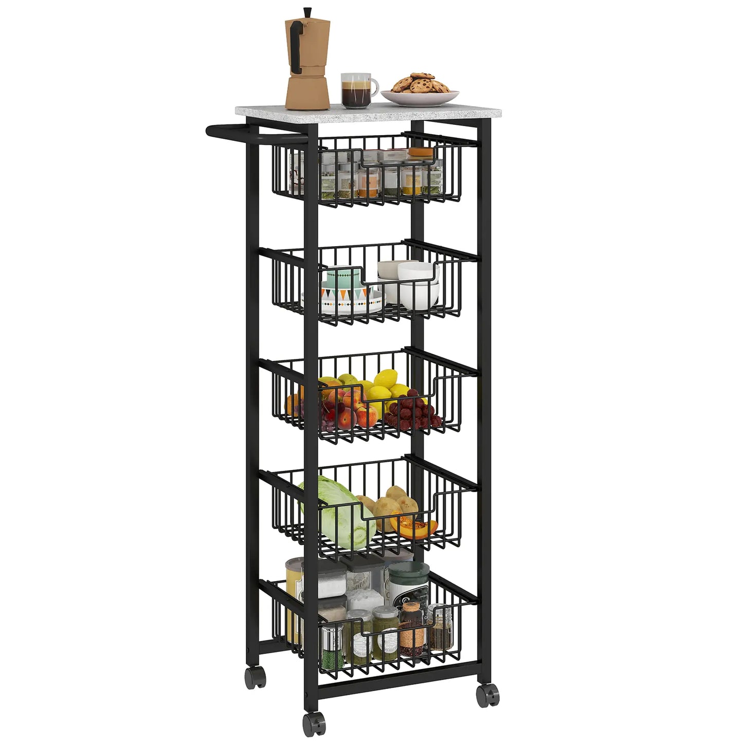 HOMCOM 5 Tier Slim Kitchen Trolley on Wheels – Tall Narrow Storage Cart