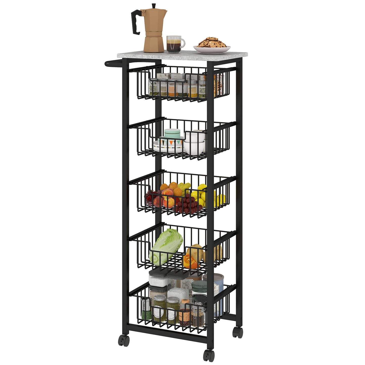 HOMCOM 5 Tier Slim Kitchen Trolley on Wheels – Tall Narrow Storage Cart