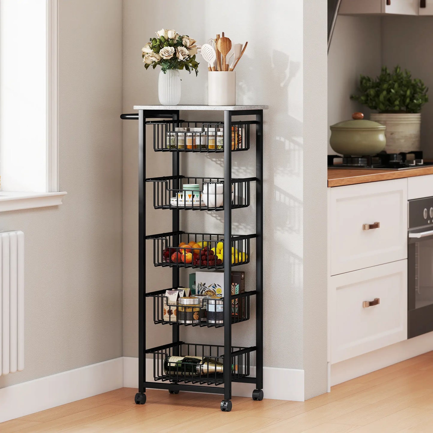 HOMCOM 5 Tier Slim Kitchen Trolley on Wheels – Tall Narrow Storage Cart