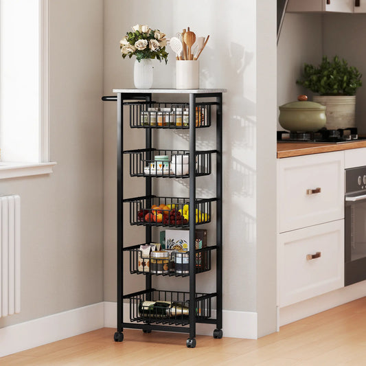 HOMCOM 5 Tier Slim Kitchen Trolley on Wheels – Tall Narrow Storage Cart