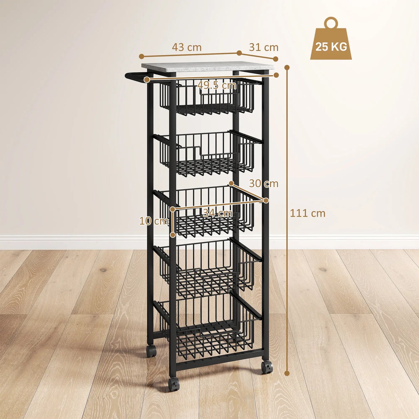 HOMCOM 5 Tier Slim Kitchen Trolley on Wheels – Tall Narrow Storage Cart