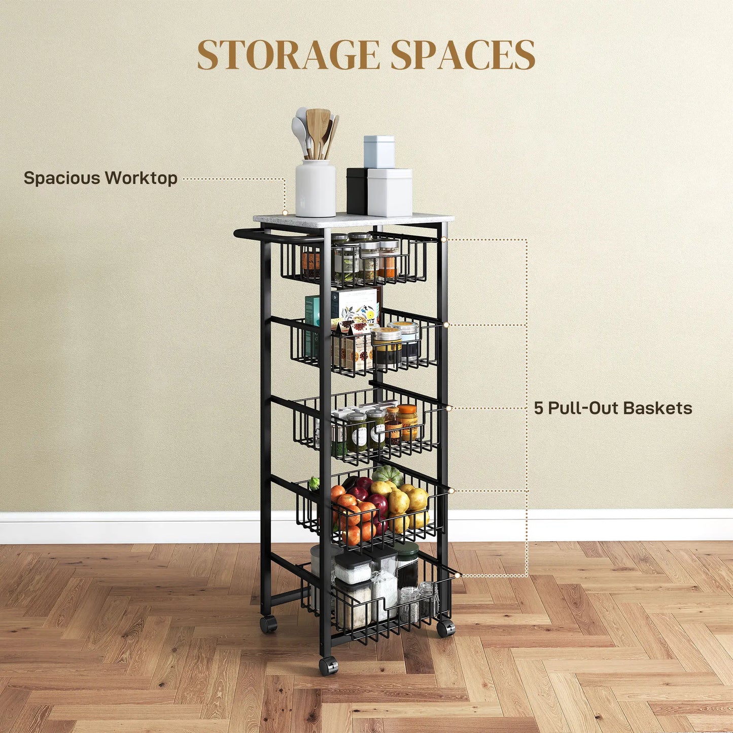 HOMCOM 5 Tier Slim Kitchen Trolley on Wheels – Tall Narrow Storage Cart