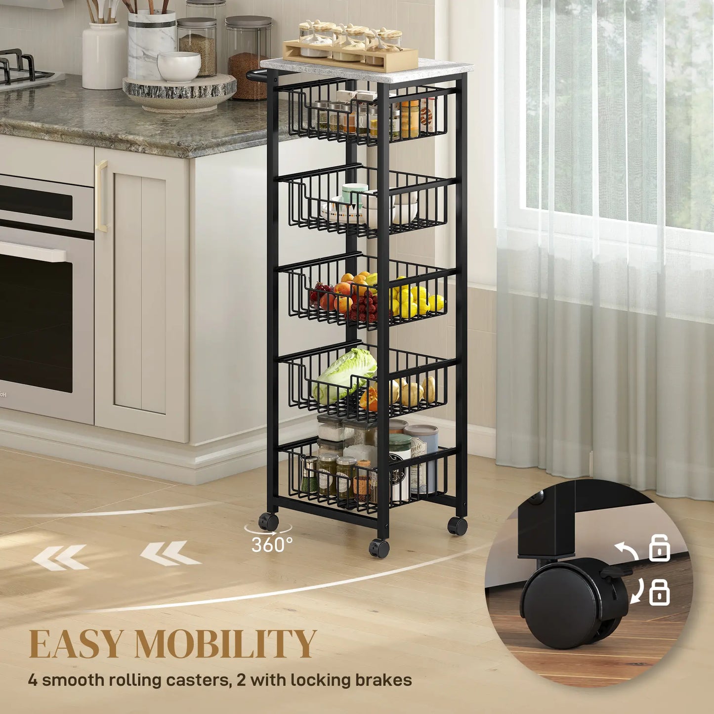 HOMCOM 5 Tier Slim Kitchen Trolley on Wheels – Tall Narrow Storage Cart