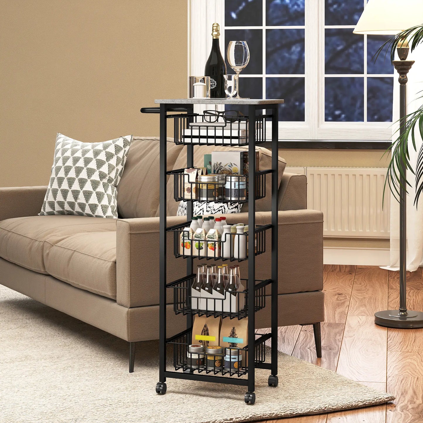 HOMCOM 5 Tier Slim Kitchen Trolley on Wheels – Tall Narrow Storage Cart