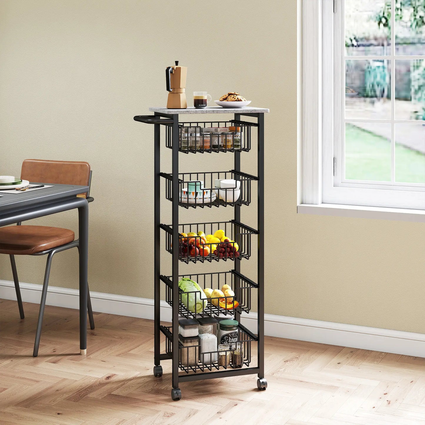 HOMCOM 5 Tier Slim Kitchen Trolley on Wheels – Tall Narrow Storage Cart