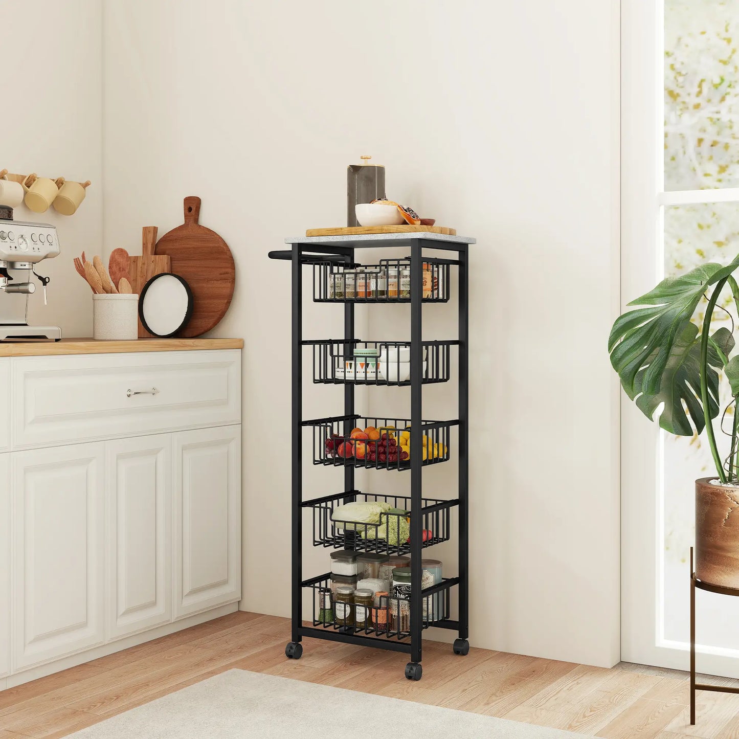 HOMCOM 5 Tier Slim Kitchen Trolley on Wheels – Tall Narrow Storage Cart