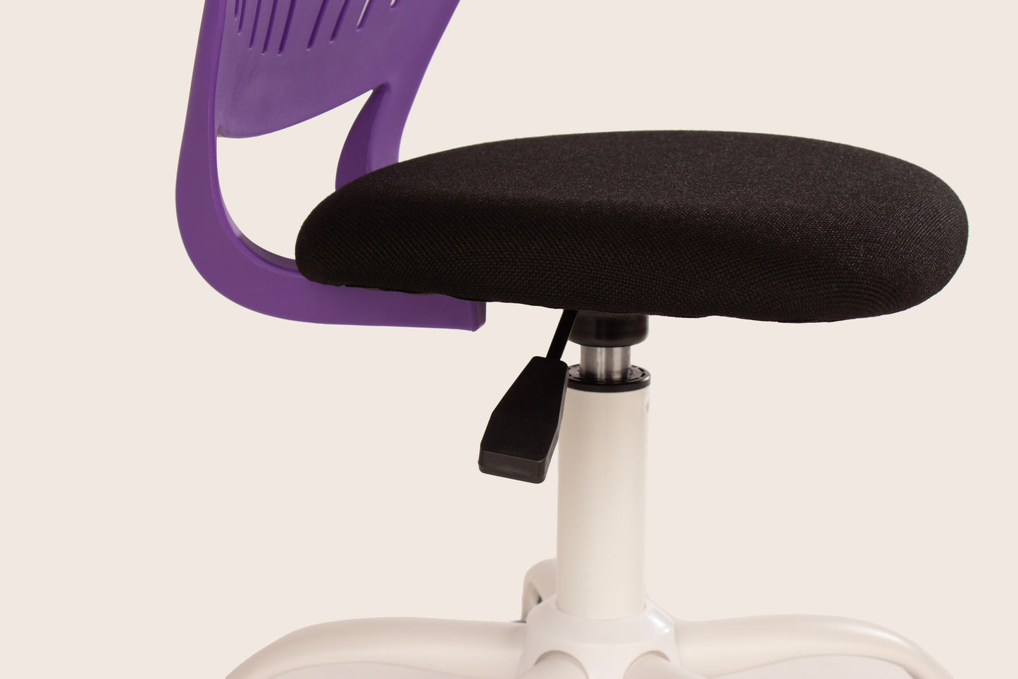 Compact Teenage Study Chair with Purple Plastic Seat Back, Black Fabric Seat & White Base