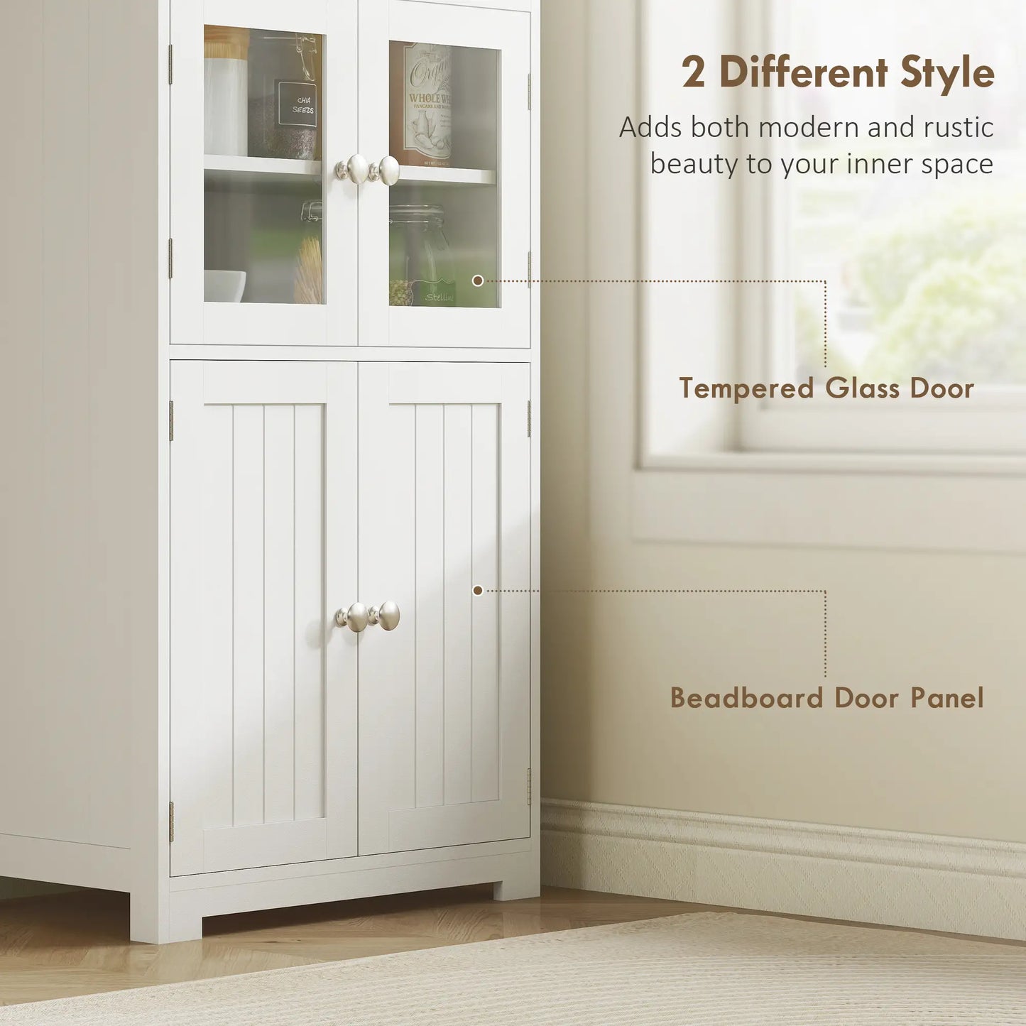 Tall Kitchen Pantry Cupboard – 4 Door Storage Cabinet with Glass Display (White)