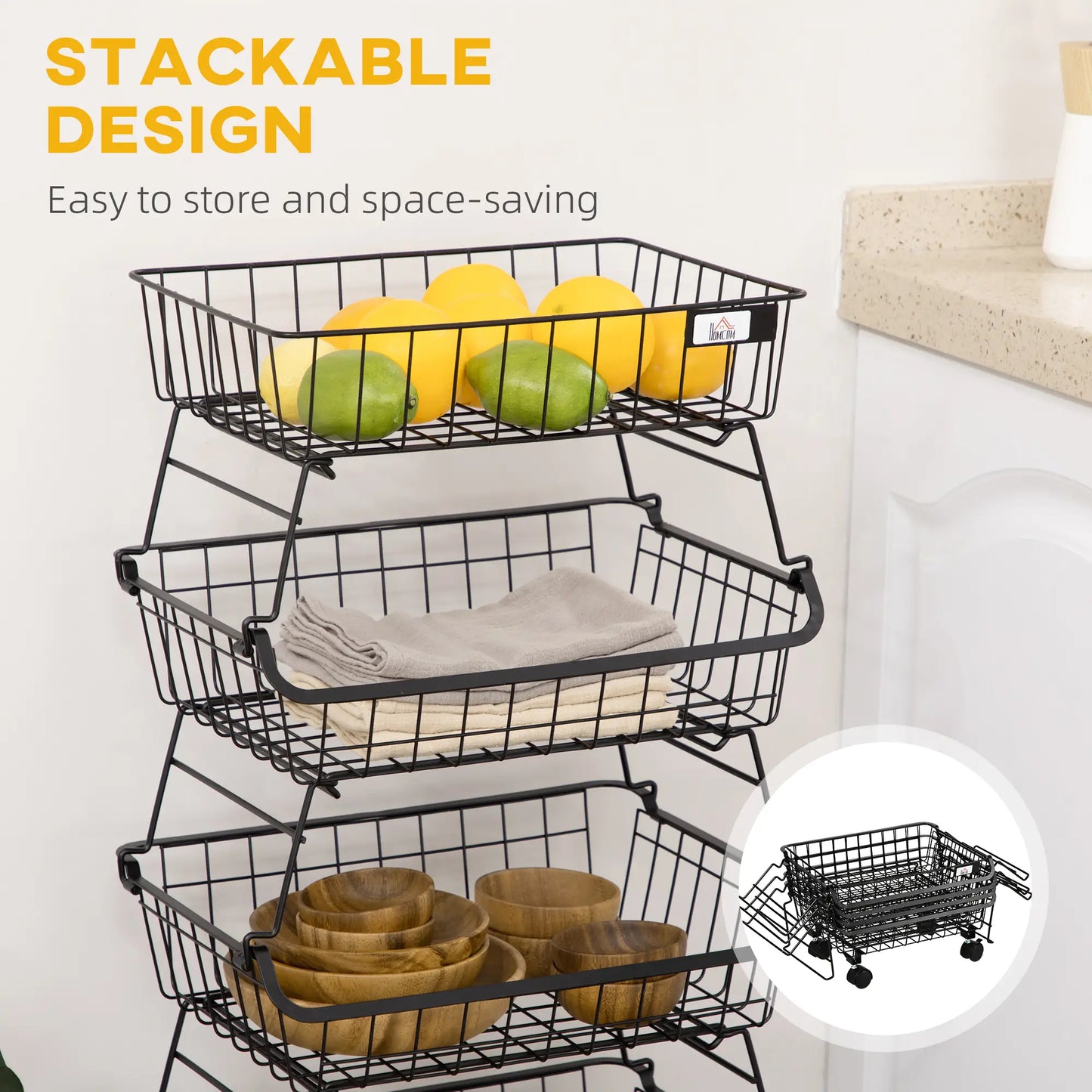 HOMCOM 5 Tier Slim Storage Trolley on Wheels – Stackable Kitchen & Utility Cart Black