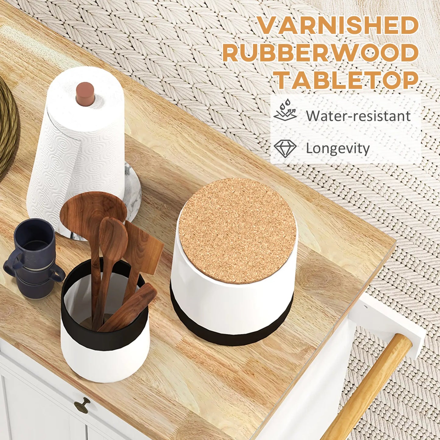 White Kitchen Island Trolley with Rubberwood Top, Drawers & Storage Cabinets