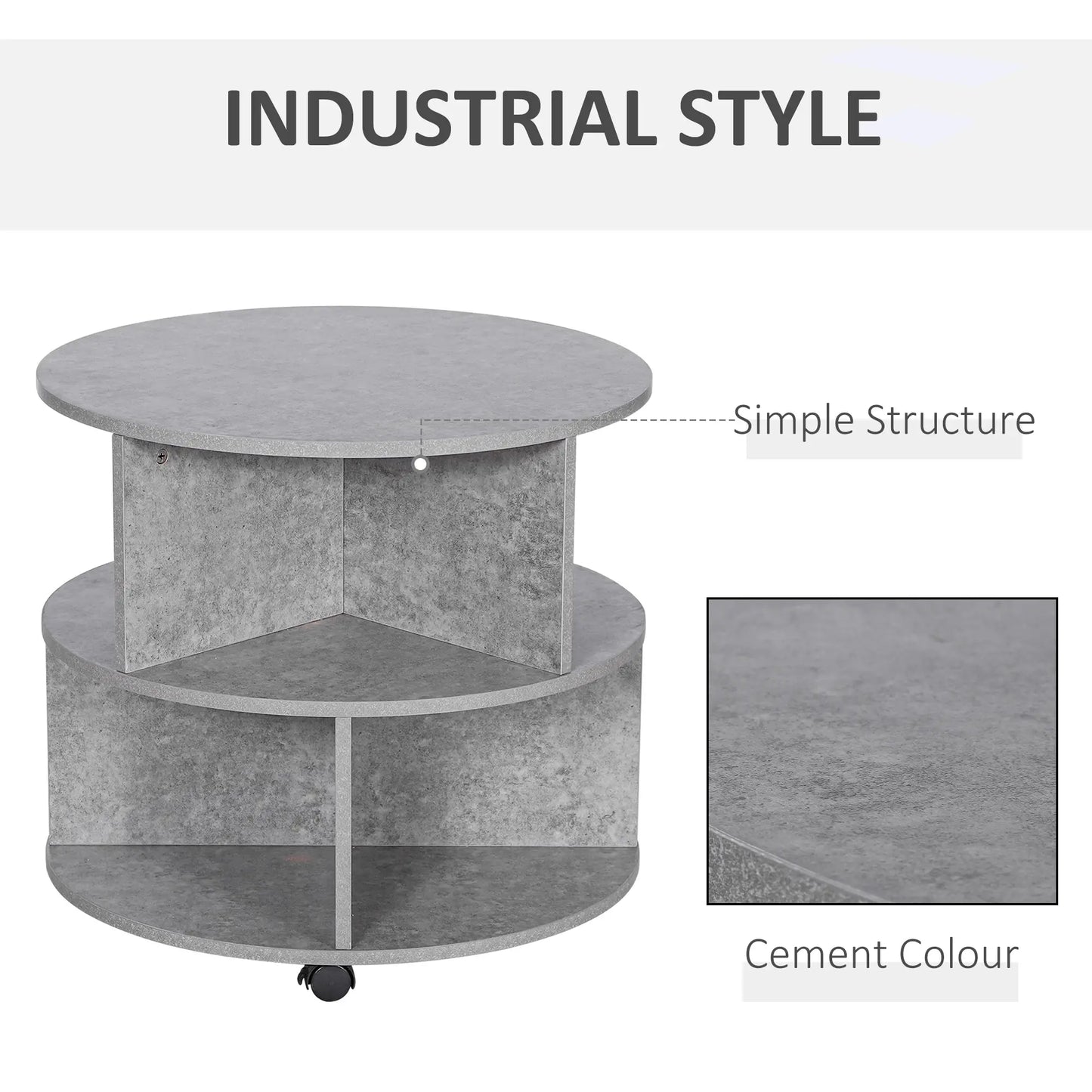 HOMCOM Round Coffee Table with Wheels – 3 Tier Storage Coffee Table for Living Room – Cement Grey