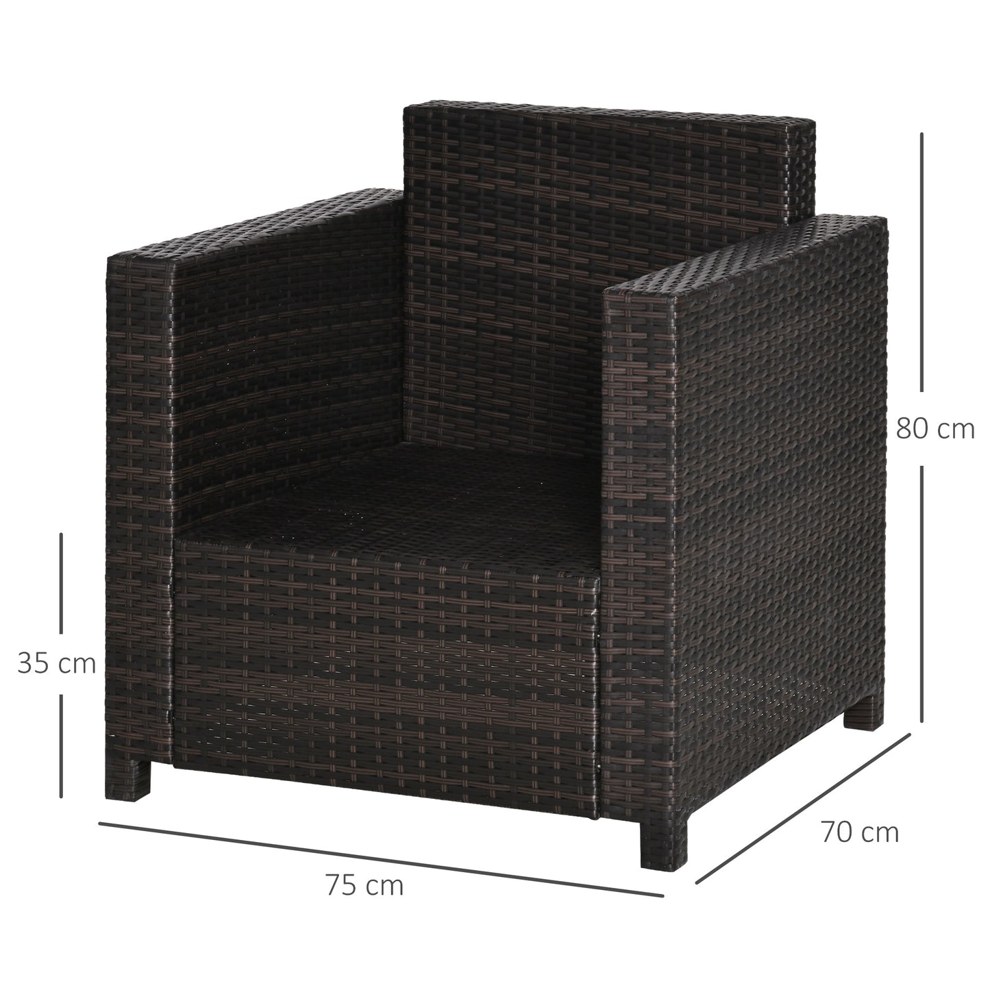 Single Seater Rattan Chair, PE Wicker Garden Armchair with 10 cm Thickened Cushion - Brown