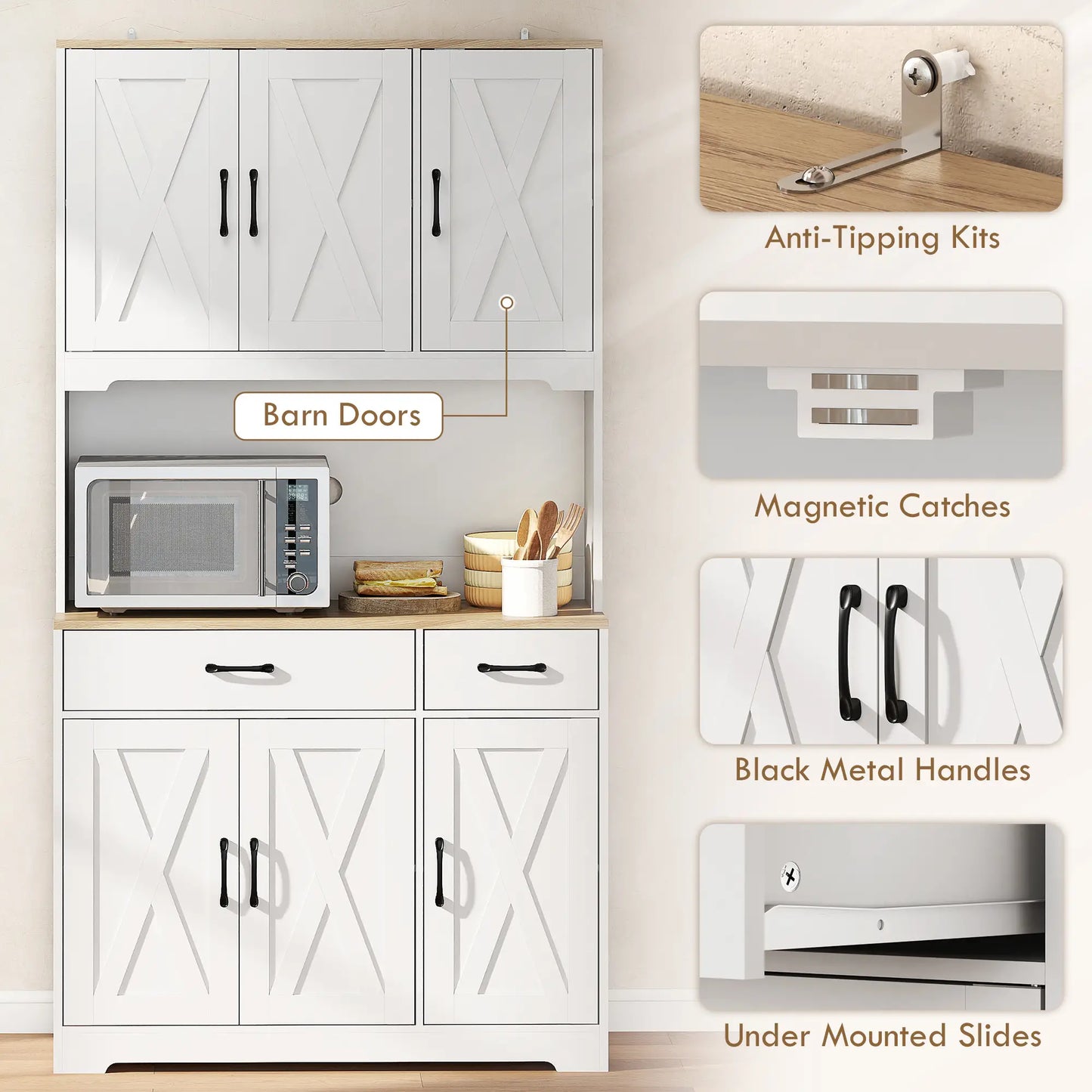 HOMCOM 175cm Kitchen Pantry Cabinet with Microwave Stand – White Farmhouse Storage Cupboard