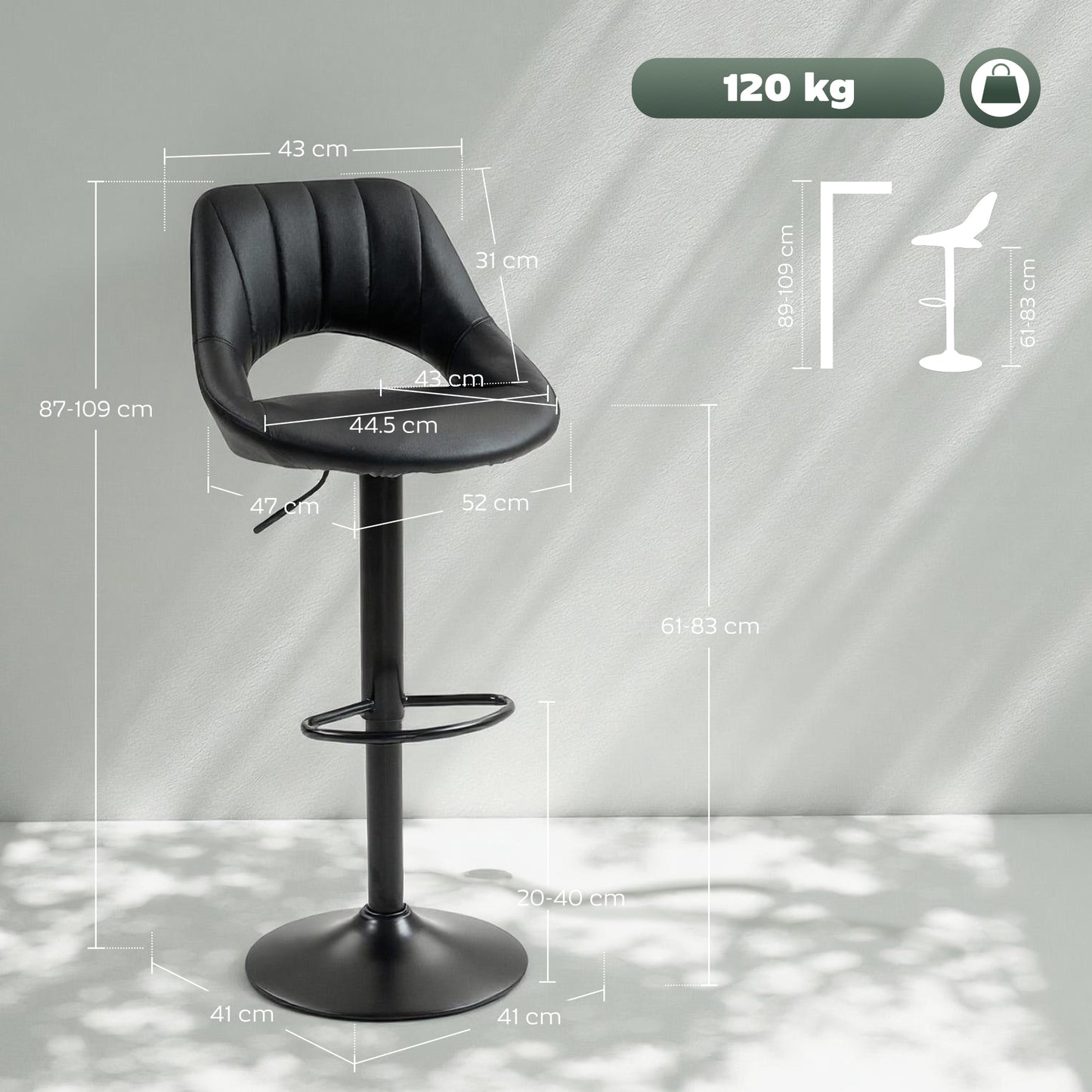 Faux Leather Bar Stools - Set of Two (x2) in Black