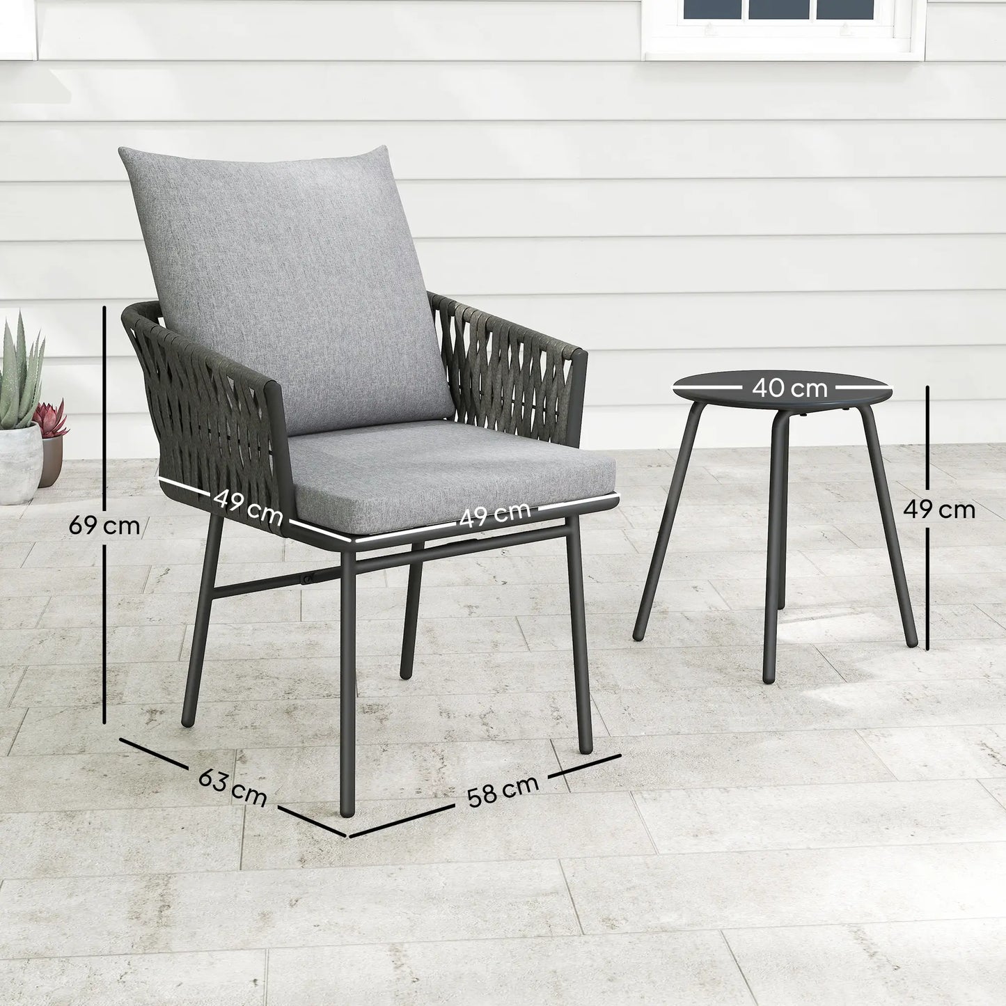 3-Piece Rattan Bistro Set, Garden Table and Chairs with 4 Cushions in Grey