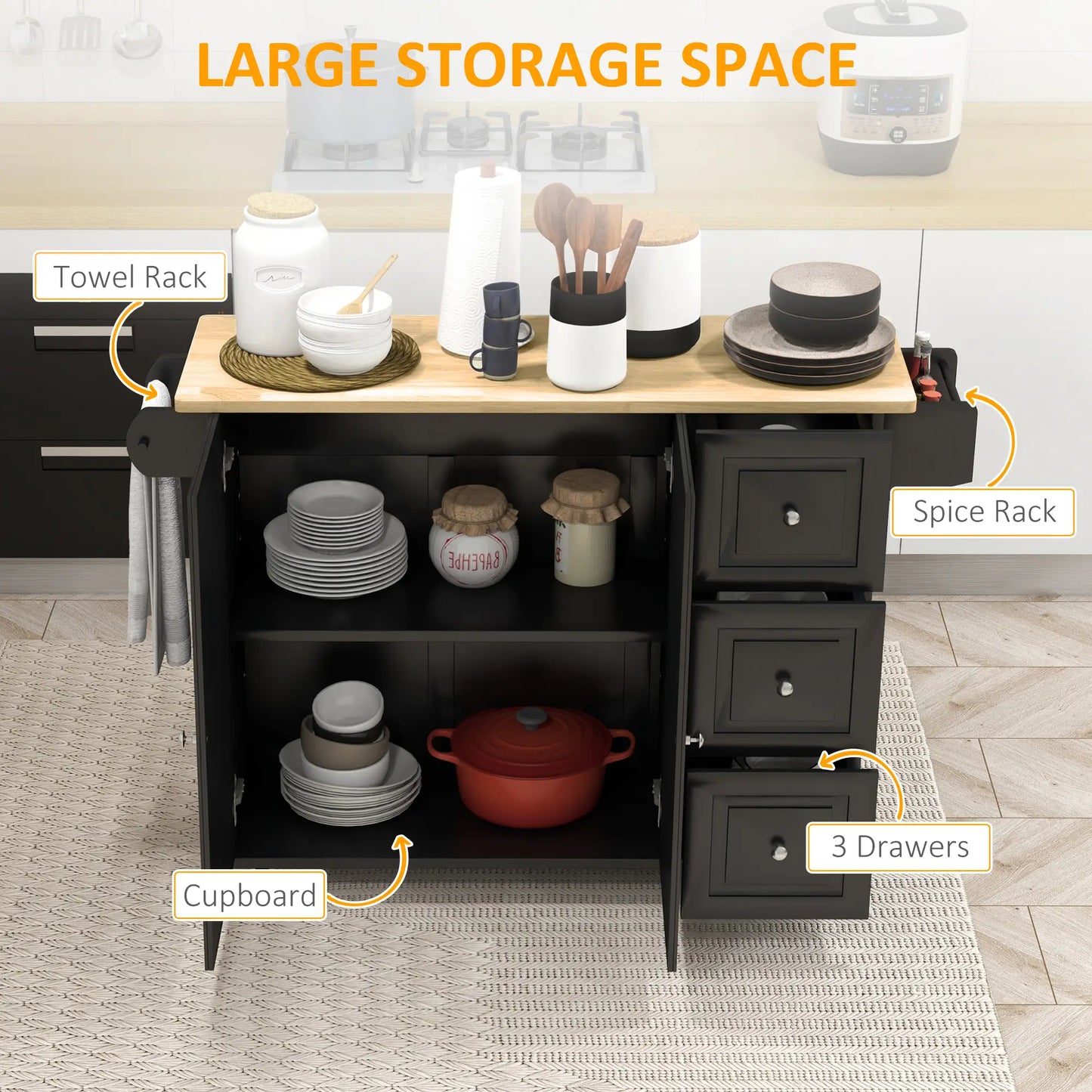 Kitchen Island with Drop Leaf + Storage - Trolley on Wheels with 3 Drawers in Black