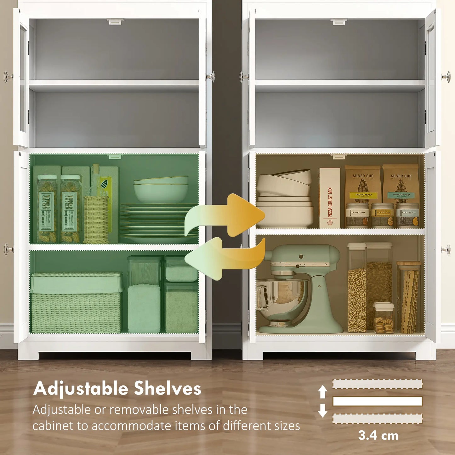 Tall Kitchen Pantry Cupboard – 4 Door Storage Cabinet with Glass Display (White)