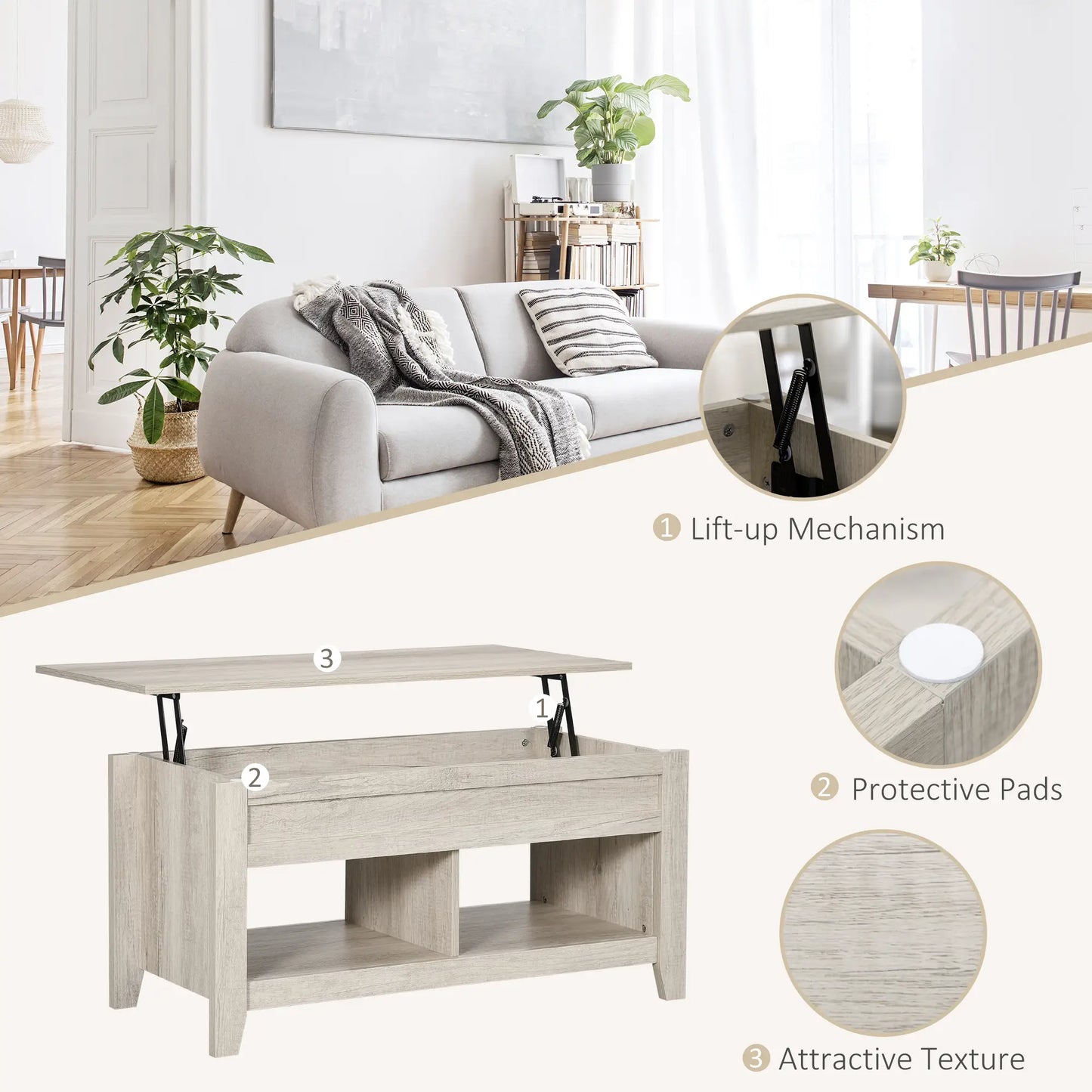 HOMCOM Lift Top Coffee Table with Hidden Storage & Open Shelves – Modern Oak Effect