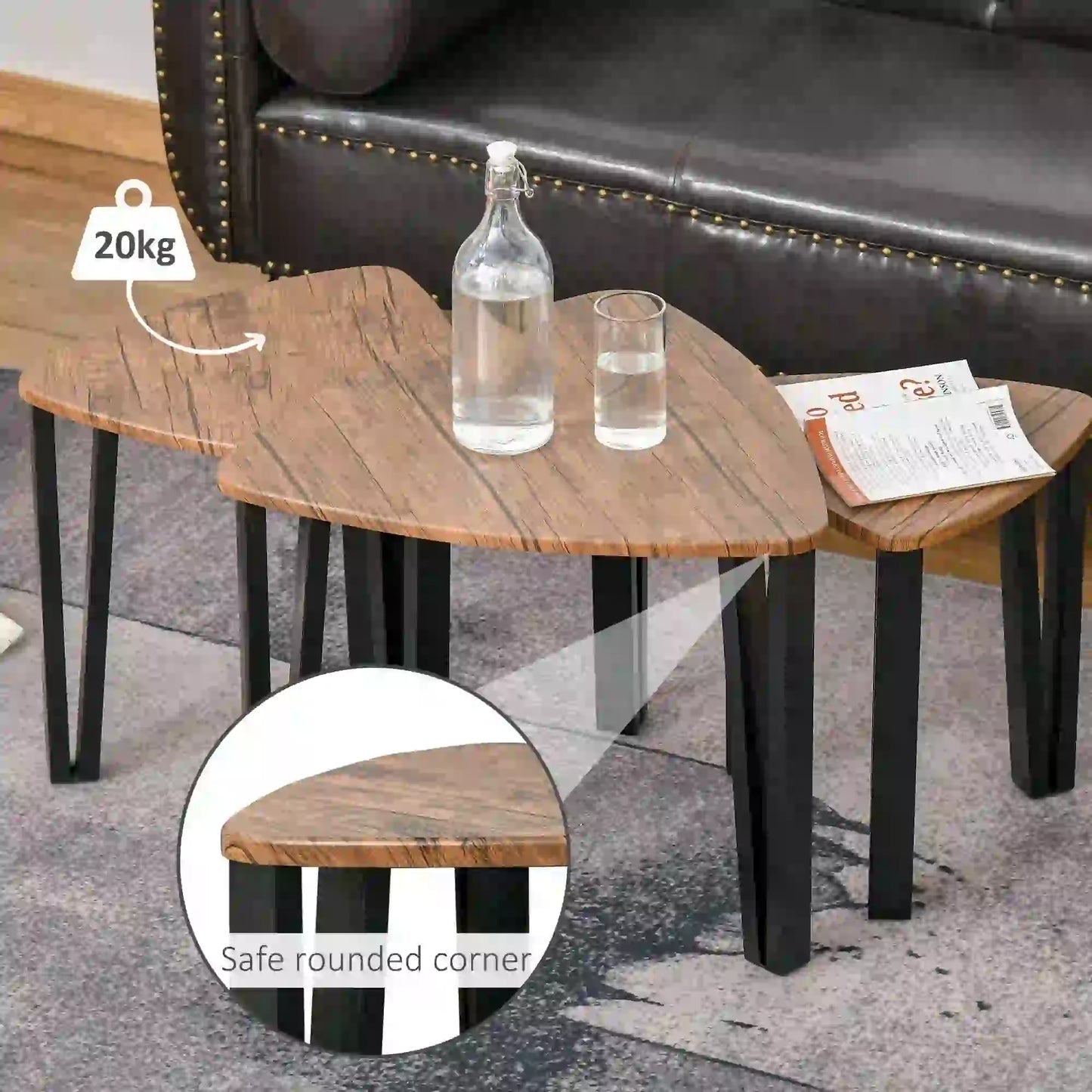 HOMCOM Nest of 3 Triangle Coffee Tables - Industrial Walnut Nesting Side Table Set with Steel Legs