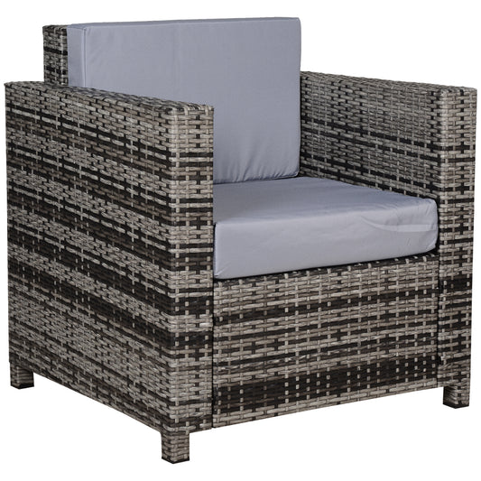 Rattan Garden Armchair 10cm Cushion Outdoor Single Chair with Steel Frame - Grey
