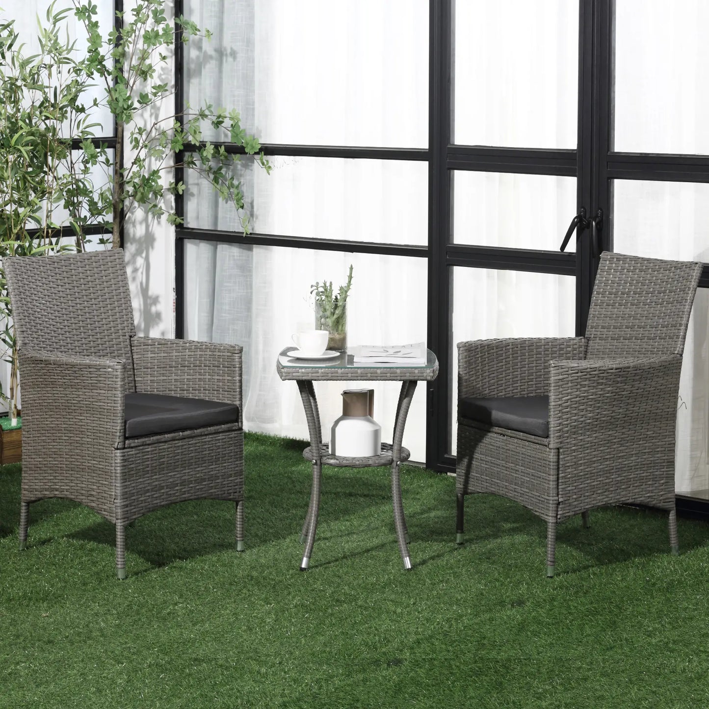 3 Pieces Rattan Bistro Set, Wicker Garden Furniture Set with 2-Tier Coffee Table and Chairs in Grey