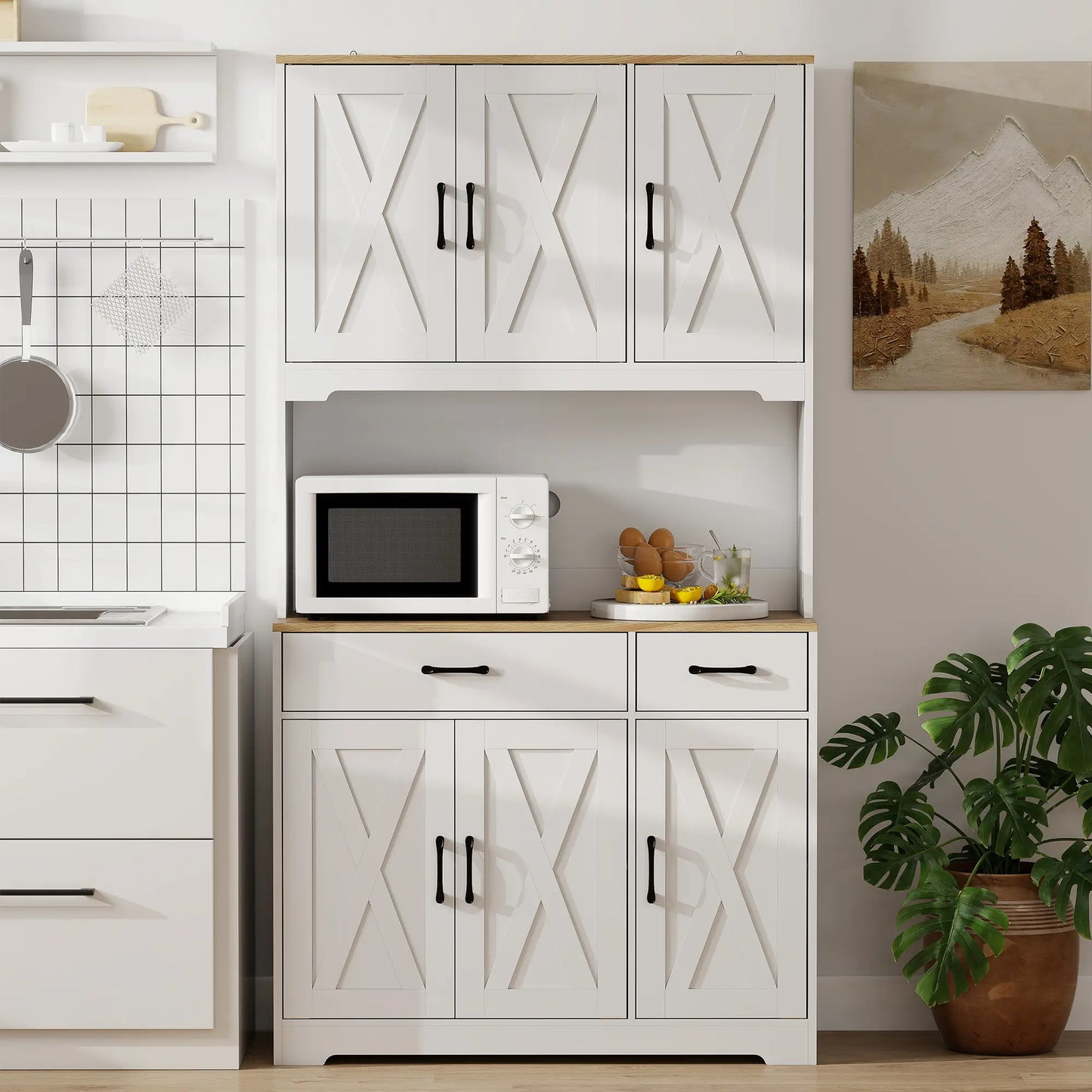 HOMCOM 175cm Kitchen Pantry Cabinet with Microwave Stand – White Farmhouse Storage Cupboard