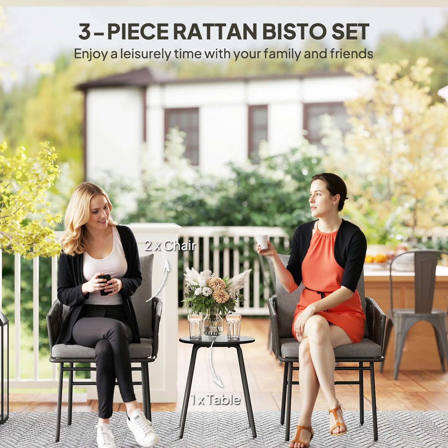 3-Piece Rattan Bistro Set, Garden Table and Chairs with 4 Cushions in Grey