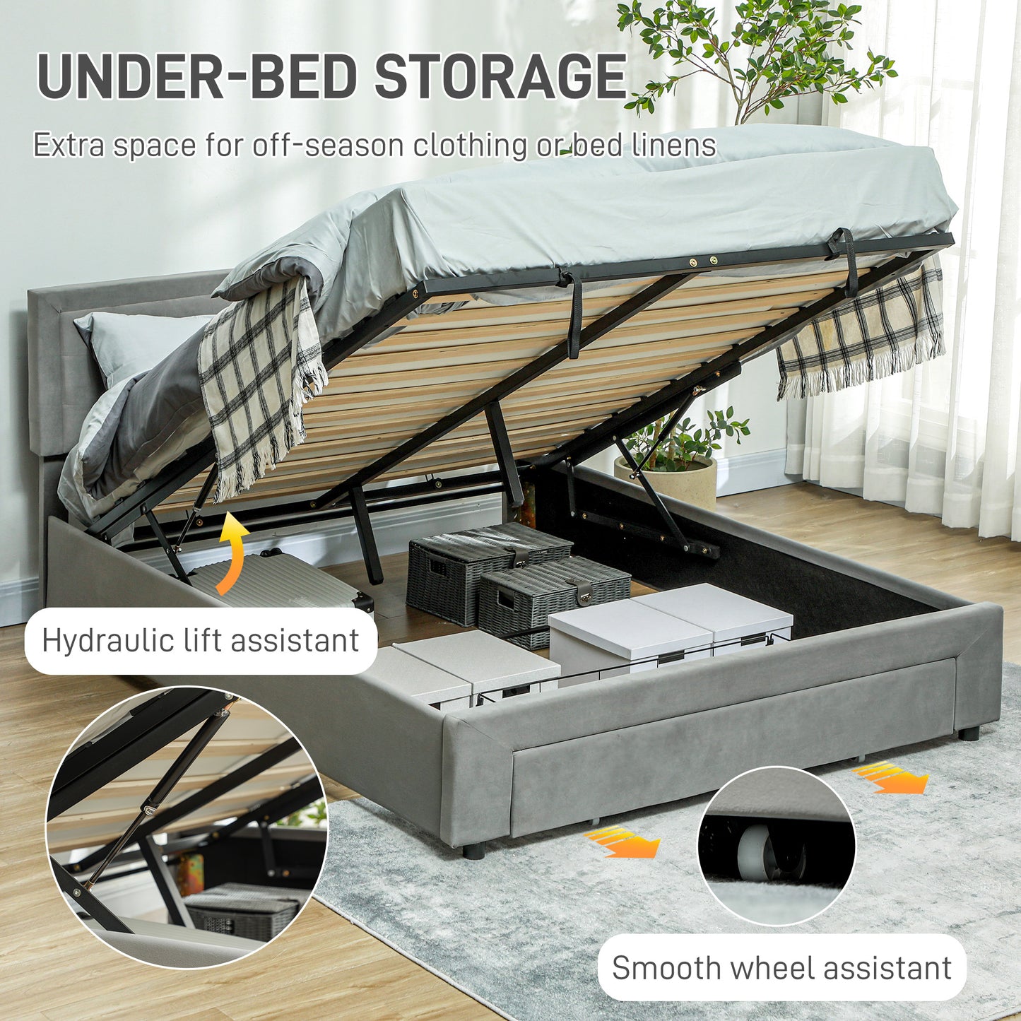HOMCOM King Size Ottoman Bed Frame with Front Drawer in Grey