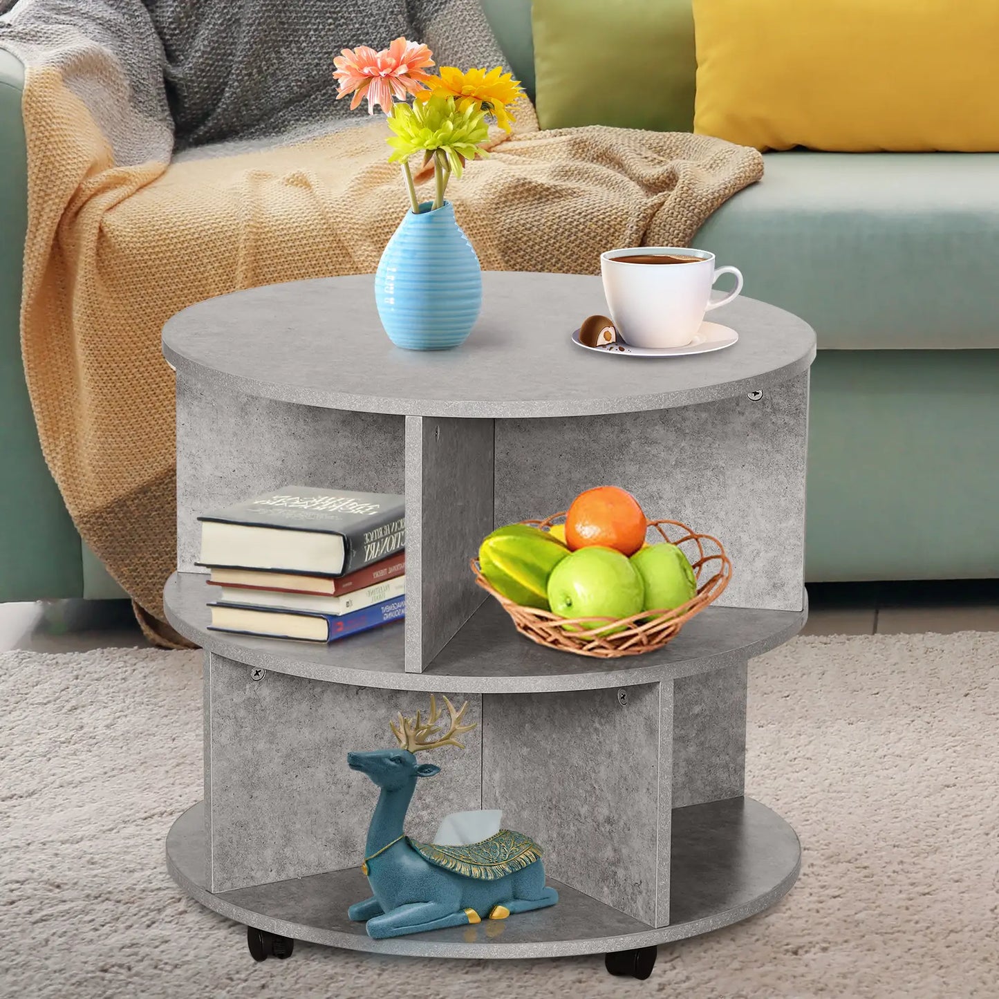 HOMCOM Round Coffee Table with Wheels – 3 Tier Storage Coffee Table for Living Room – Cement Grey