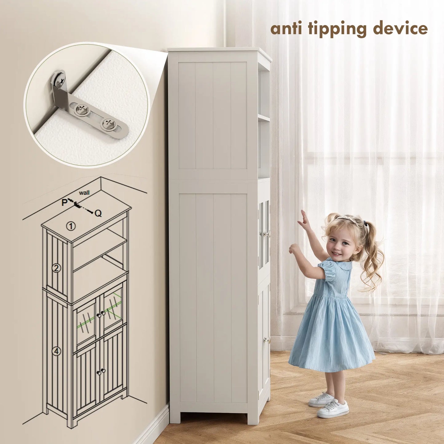 Tall Kitchen Pantry Cupboard – 4 Door Storage Cabinet with Glass Display (White)
