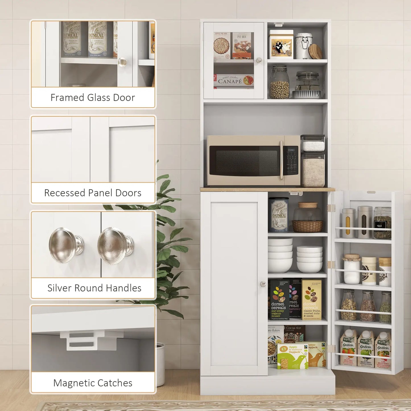 HOMCOM Kitchen Pantry Storage Cabinet with Microwave Shelf & Adjustable Shelves – White