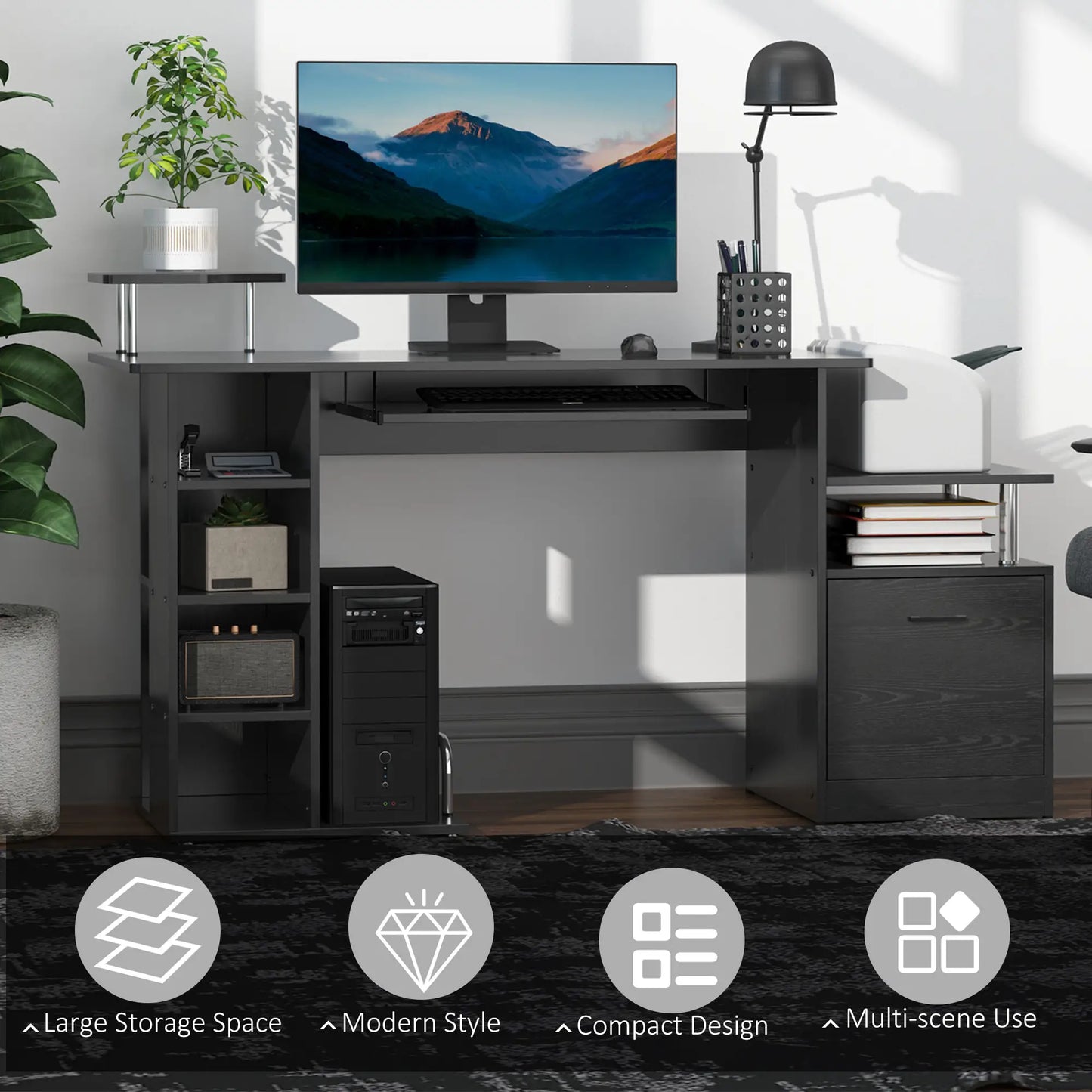 HOMCOM Computer Desk Workstation with Storage Shelves Drawer & Keyboard Tray – Black
