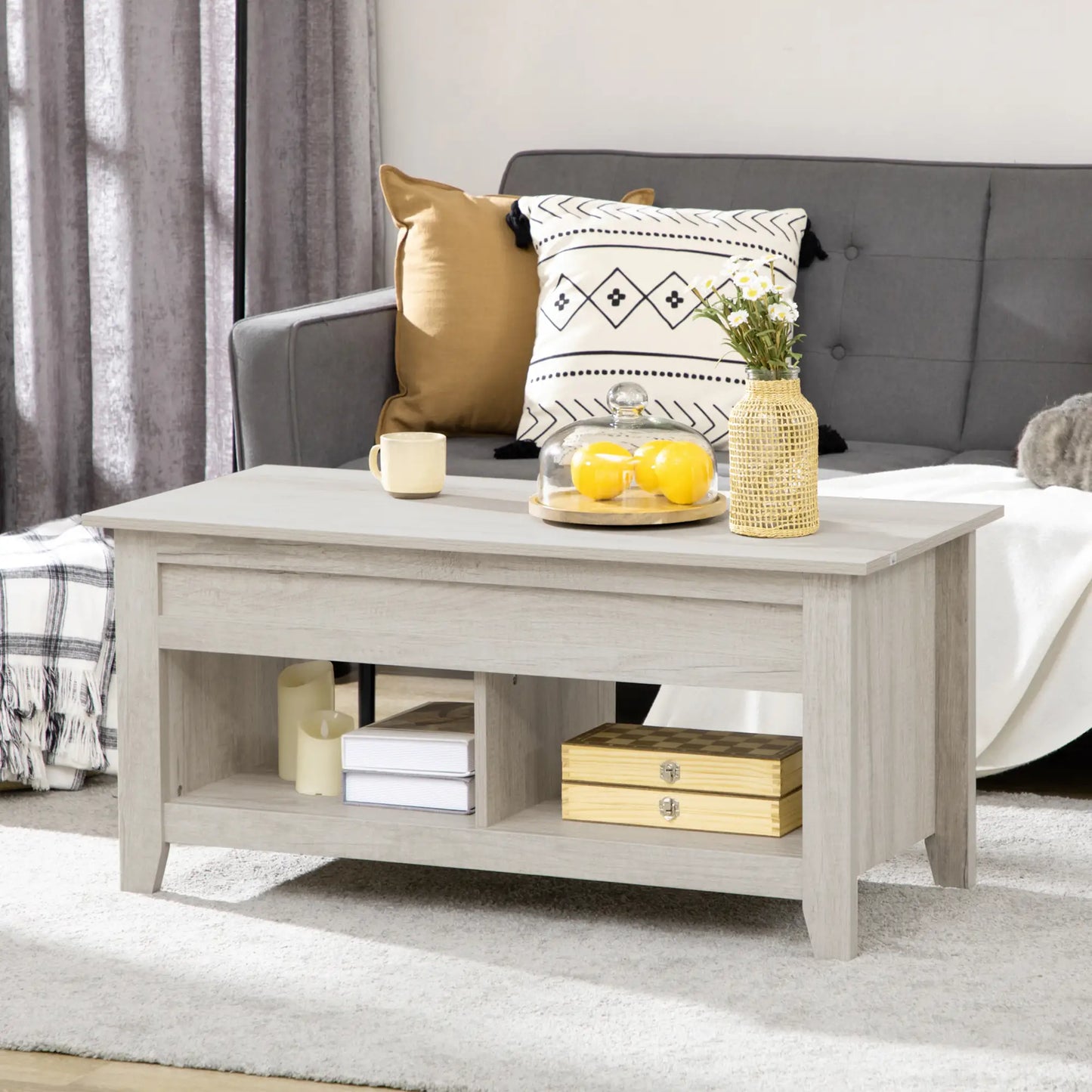 HOMCOM Lift Top Coffee Table with Hidden Storage & Open Shelves – Modern Oak Effect