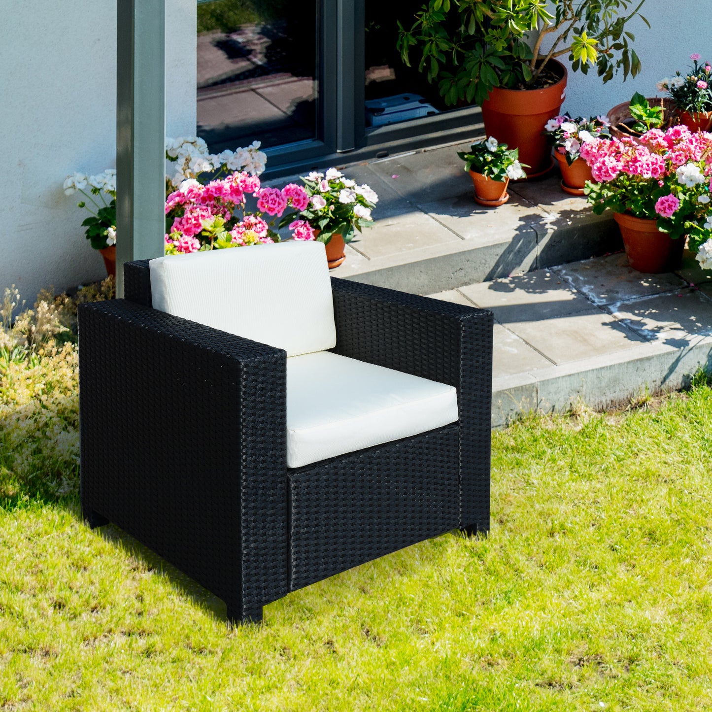 Single Seater Rattan Chair Sofa with 10 cm Thick Padded Cushion - Black