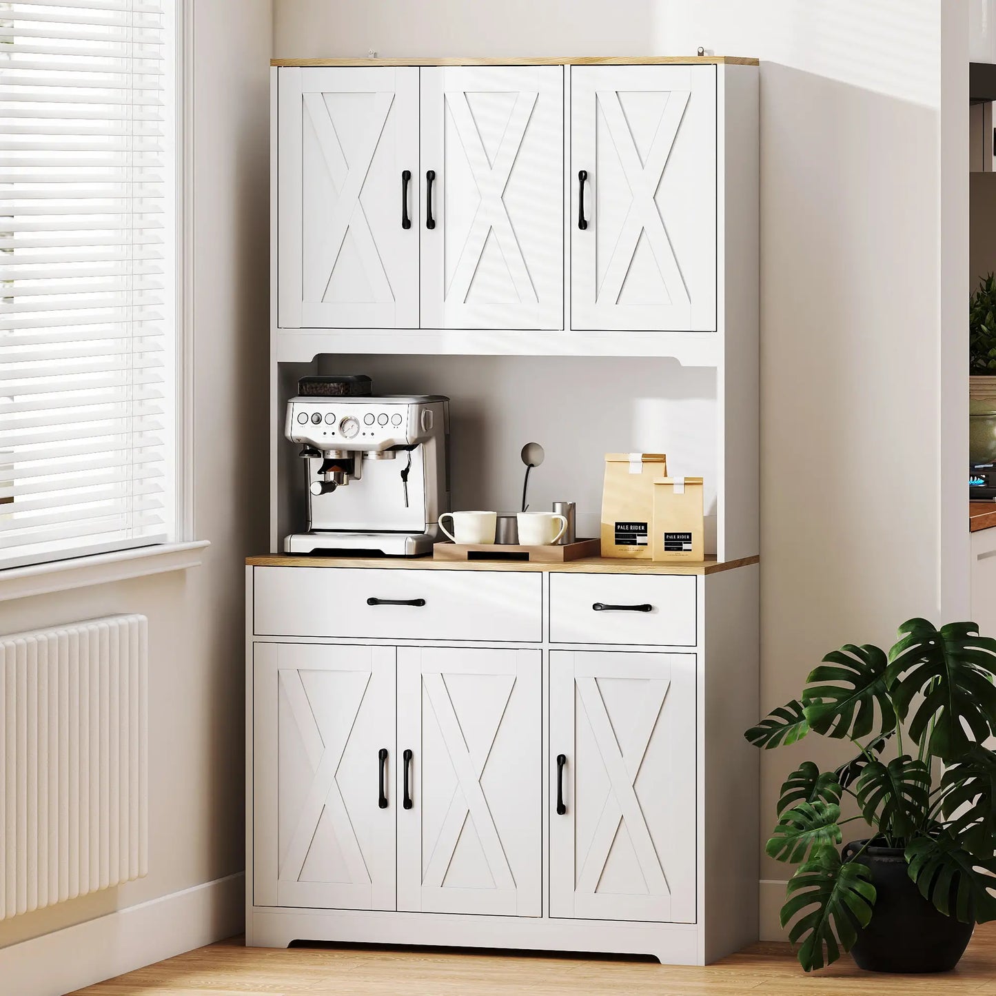 HOMCOM 175cm Kitchen Pantry Cabinet with Microwave Stand – White Farmhouse Storage Cupboard