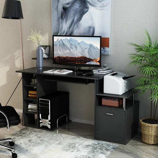 HOMCOM Computer Desk Workstation with Storage Shelves Drawer & Keyboard Tray – Black