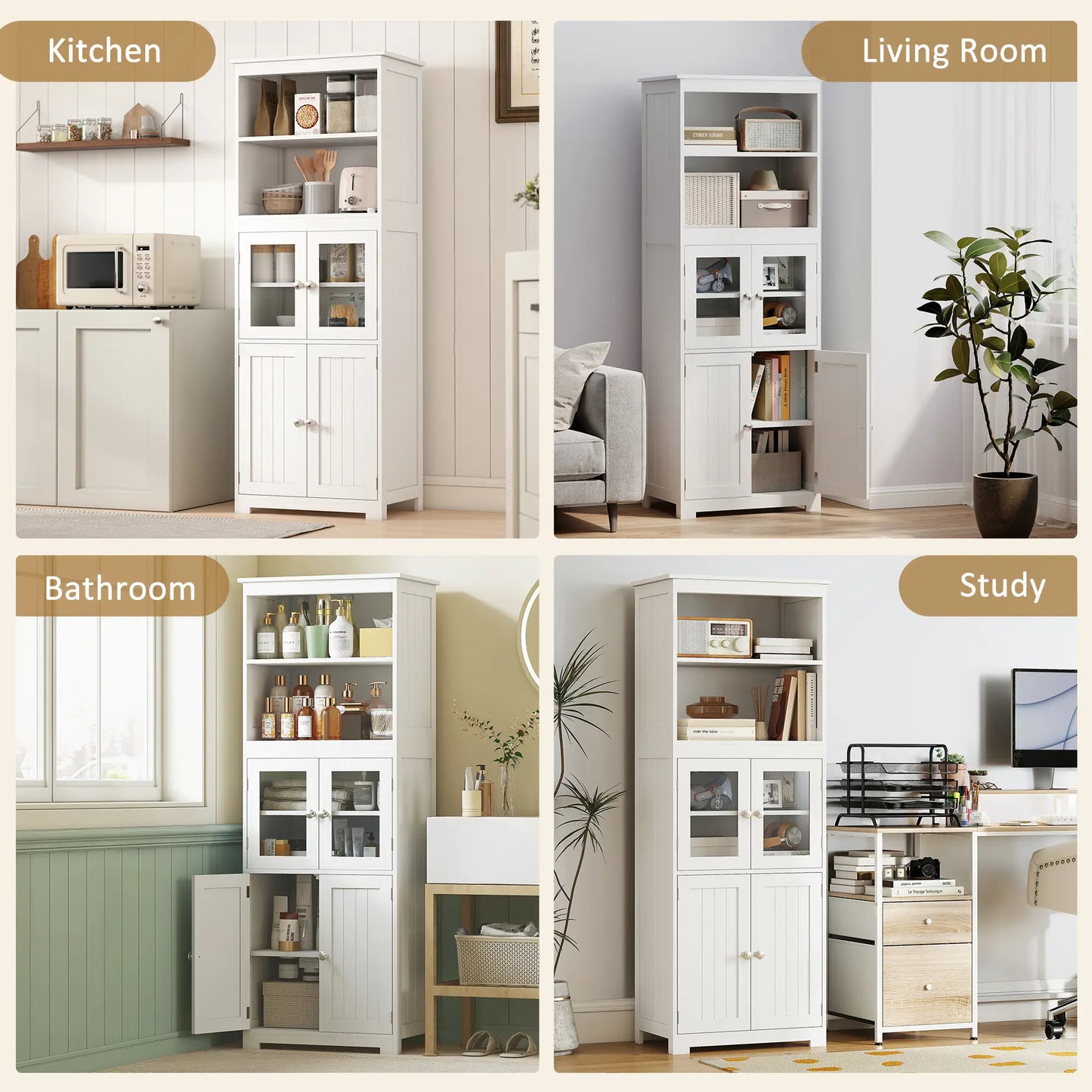 Tall Kitchen Pantry Cupboard – 4 Door Storage Cabinet with Glass Display (White)