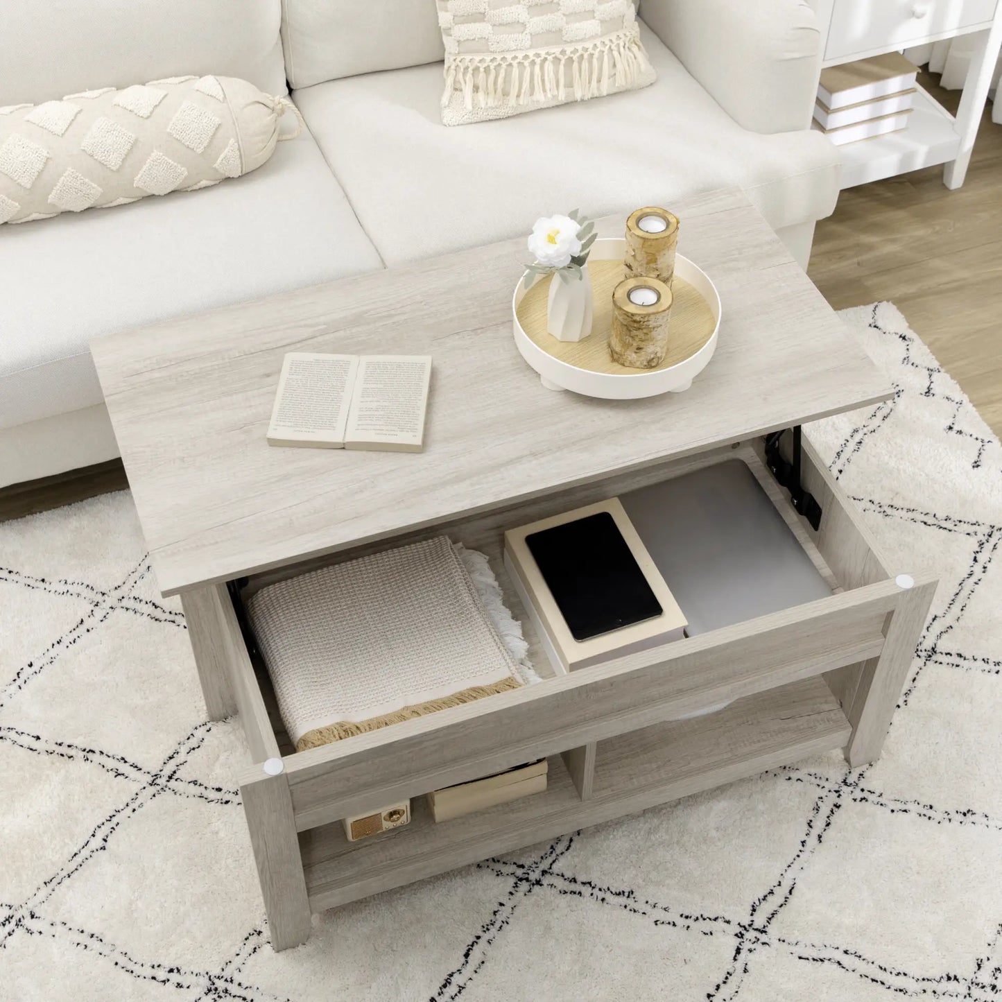 HOMCOM Lift Top Coffee Table with Hidden Storage & Open Shelves – Modern Oak Effect