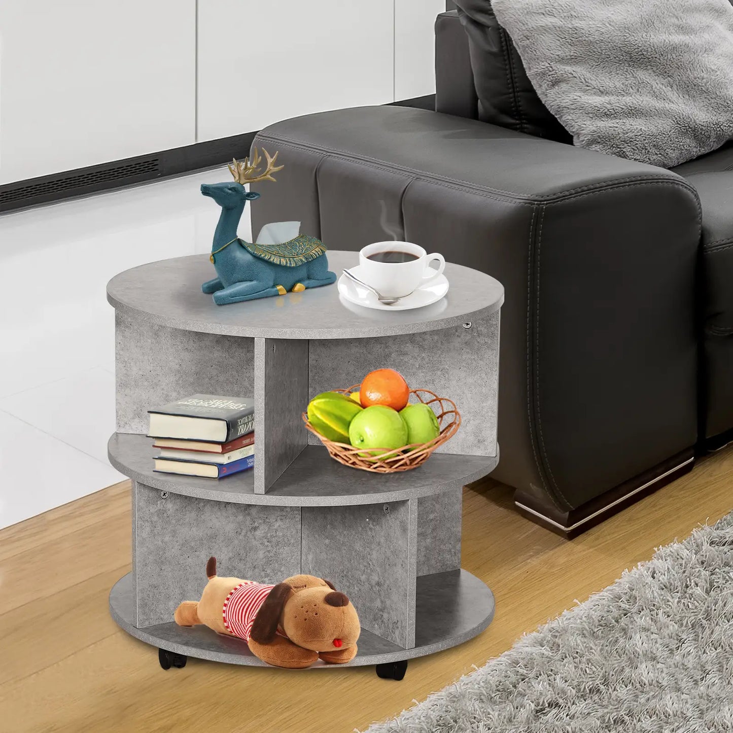 HOMCOM Round Coffee Table with Wheels – 3 Tier Storage Coffee Table for Living Room – Cement Grey