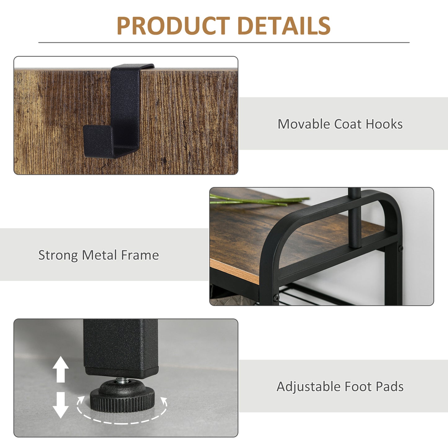 Coat and Shoe Rack Stand Industrial with Removable Hooks