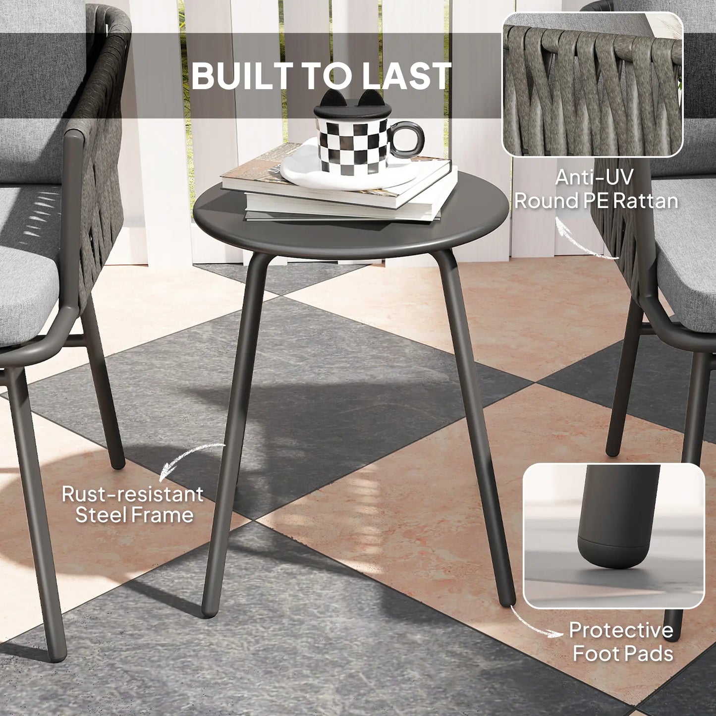 3-Piece Rattan Bistro Set, Garden Table and Chairs with 4 Cushions in Grey