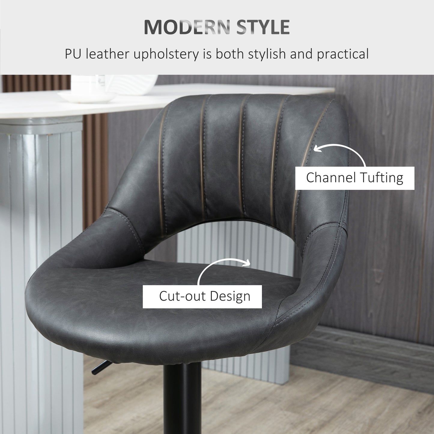 Faux Leather Bar Stools - Set of Two (x2) in Grey