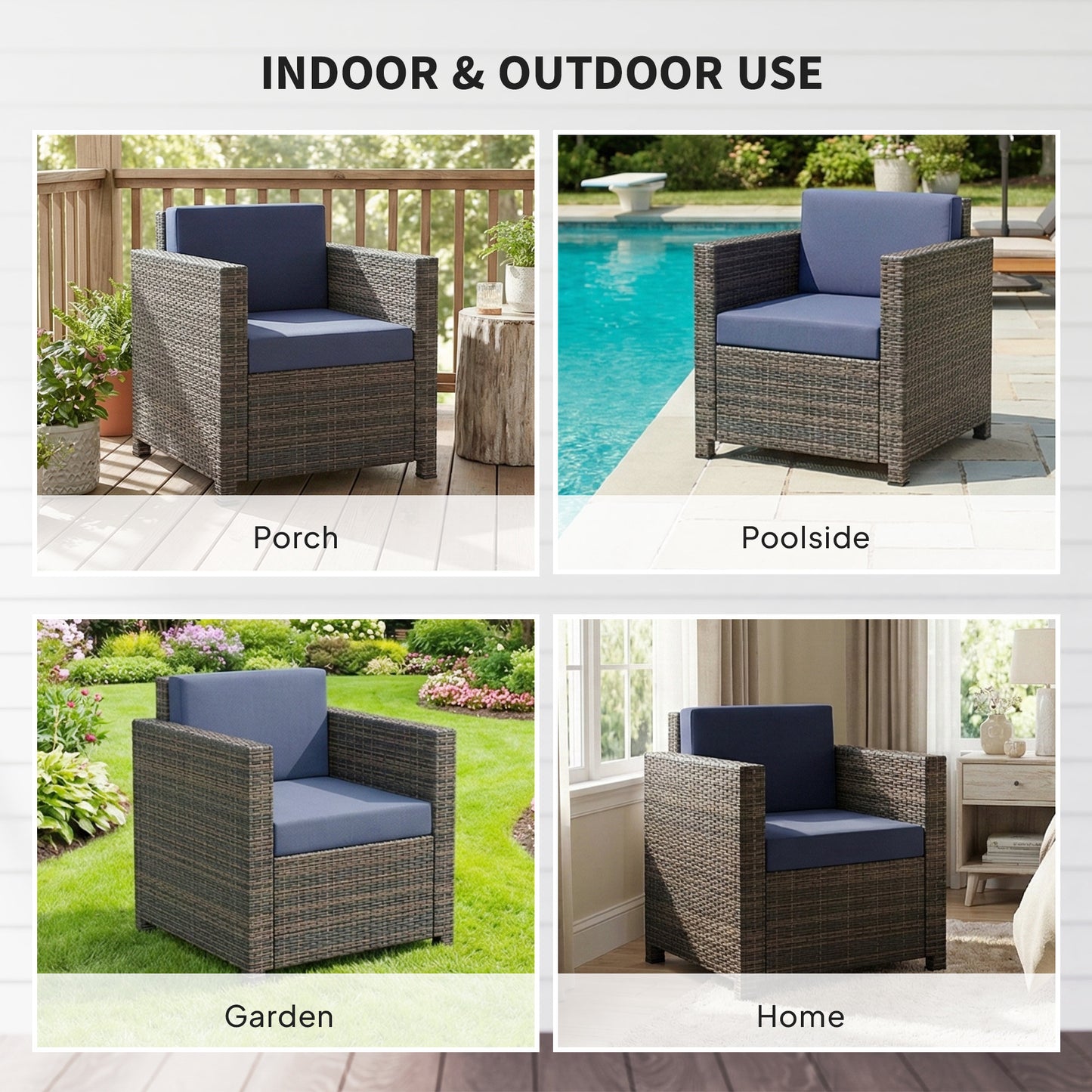 Rattan Garden Armchair with Cushion - Mixed Brown/Navy Blue