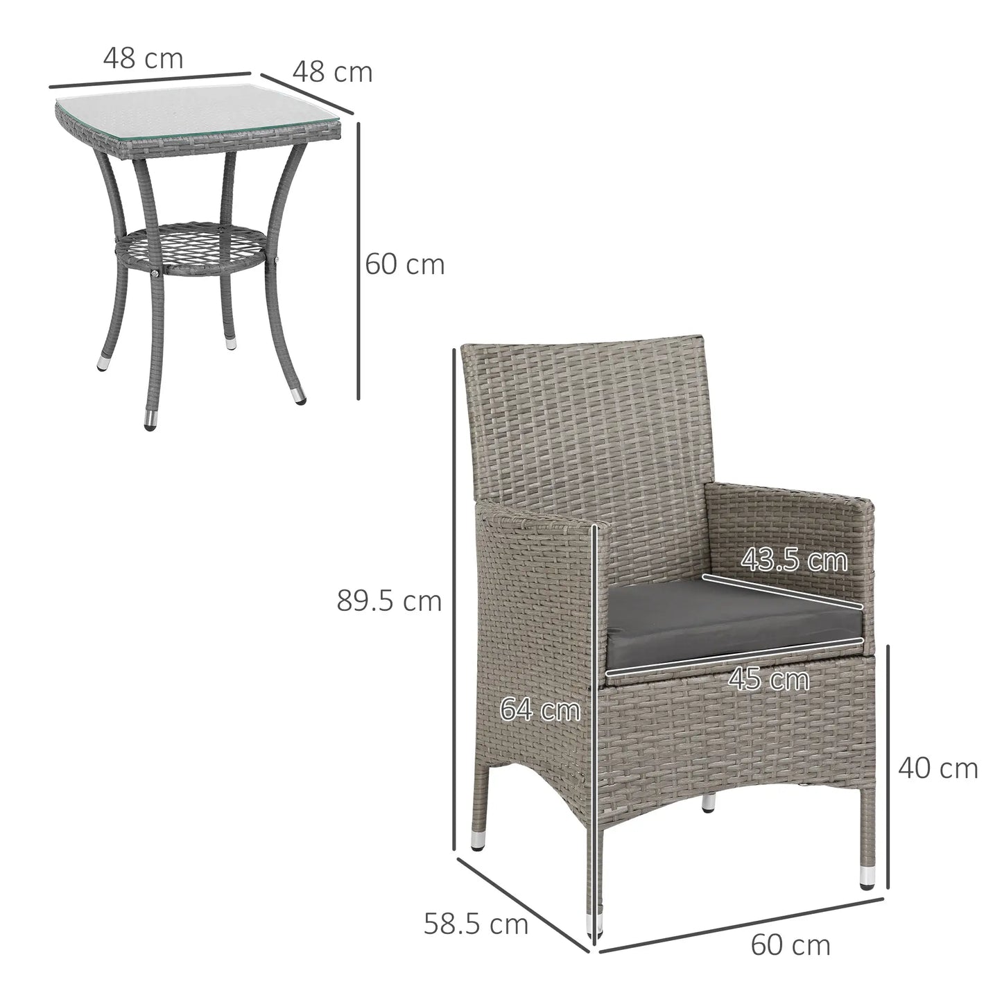3 Pieces Rattan Bistro Set, Wicker Garden Furniture Set with 2-Tier Coffee Table and Chairs in Grey