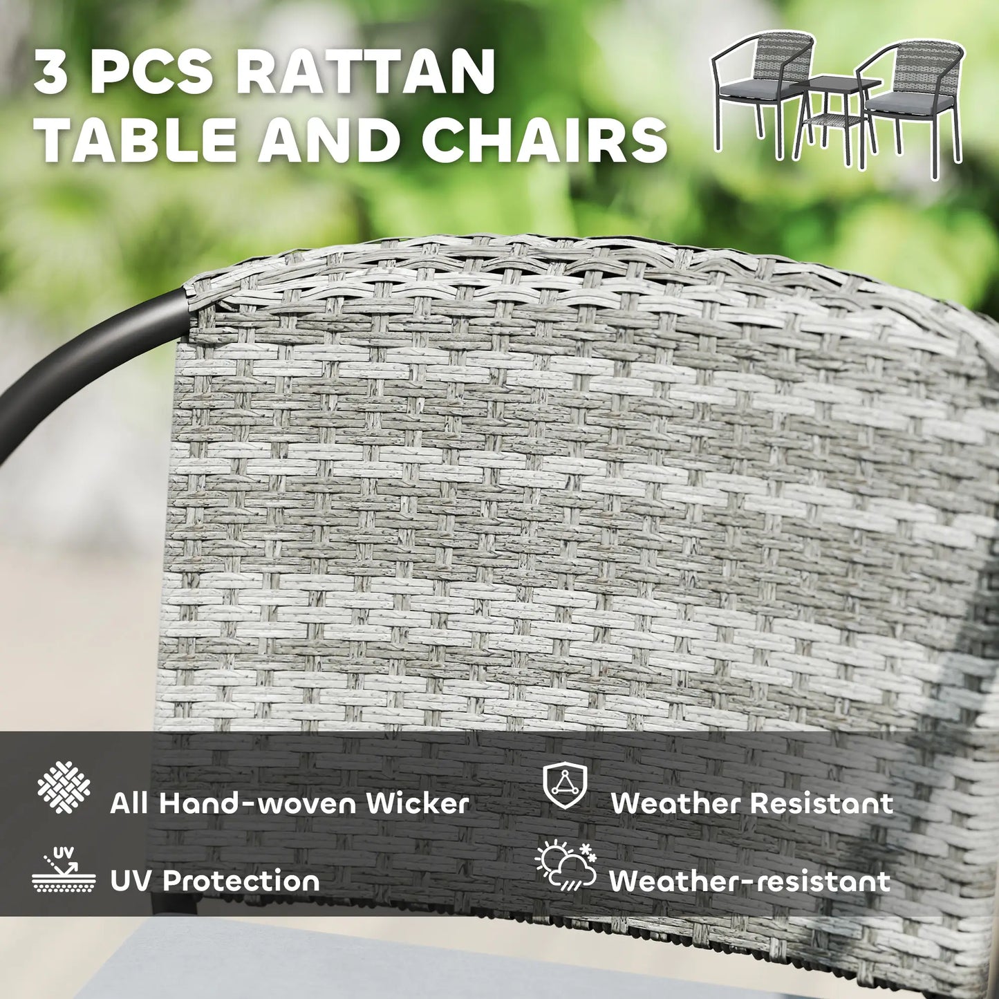 3 Pieces Rattan Bistro Set with Cushions -  Glass Top Coffee Table (in Grey)