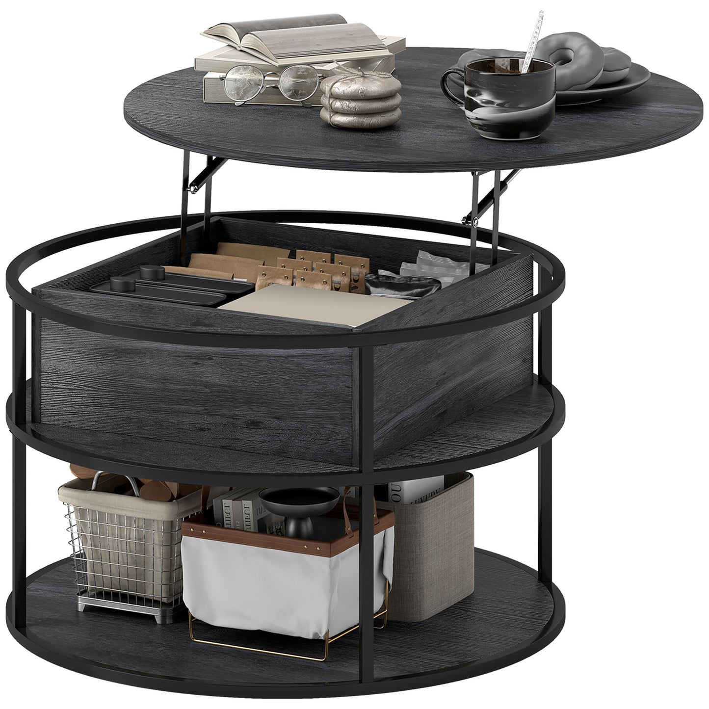 Round Coffee Table with Lift Top and Storage Shelf and Hidden Compartment